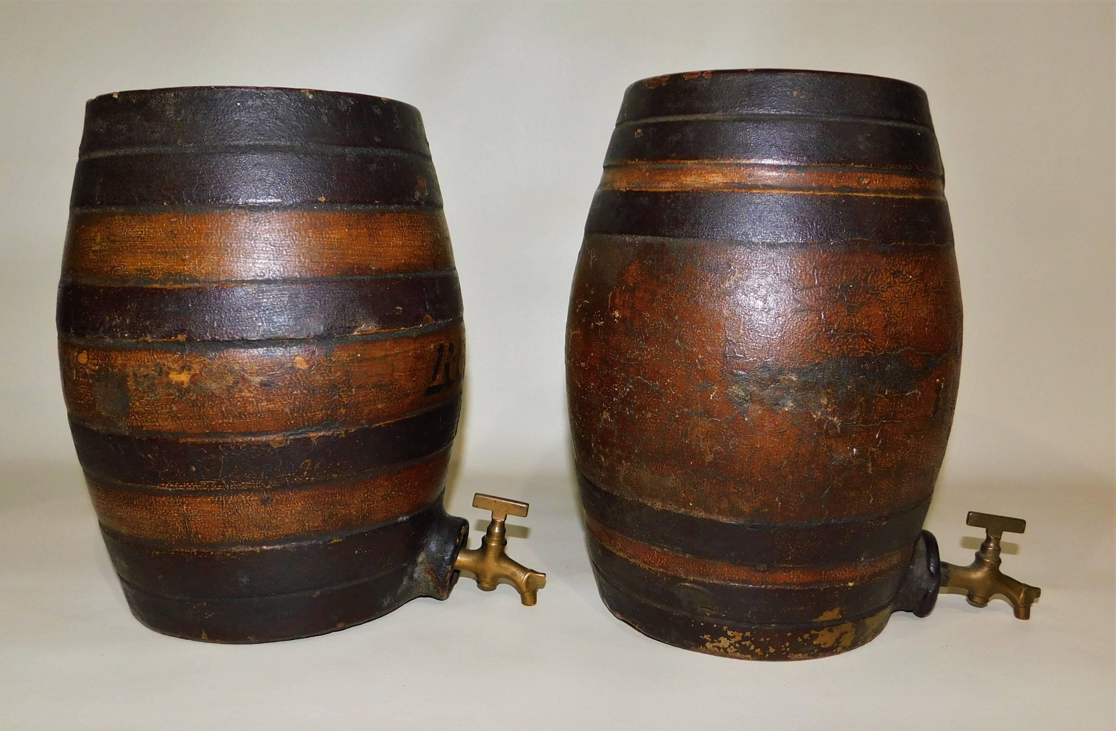 English Pair of Victorian Earthenware Pottery Rum and Whiskey Liquor Cask Barrel Kegs For Sale