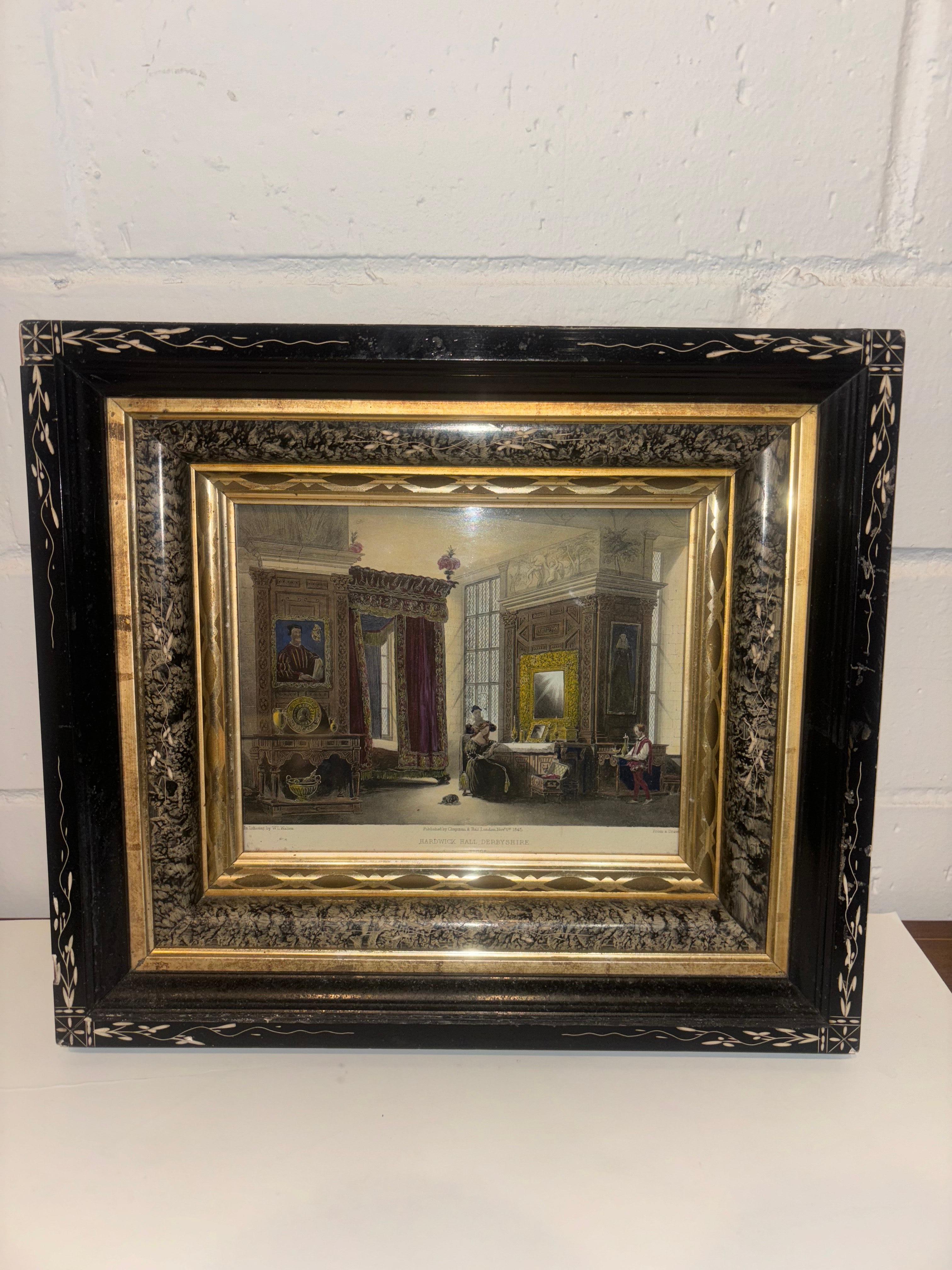Late 1800’s Eastlake deep layered picture frames. The frames are made of composition over wood with incised details and a gilt interior rim. They come with antique photos of English photos by W.L Walton and F.W Hulme. The photo is covered by the