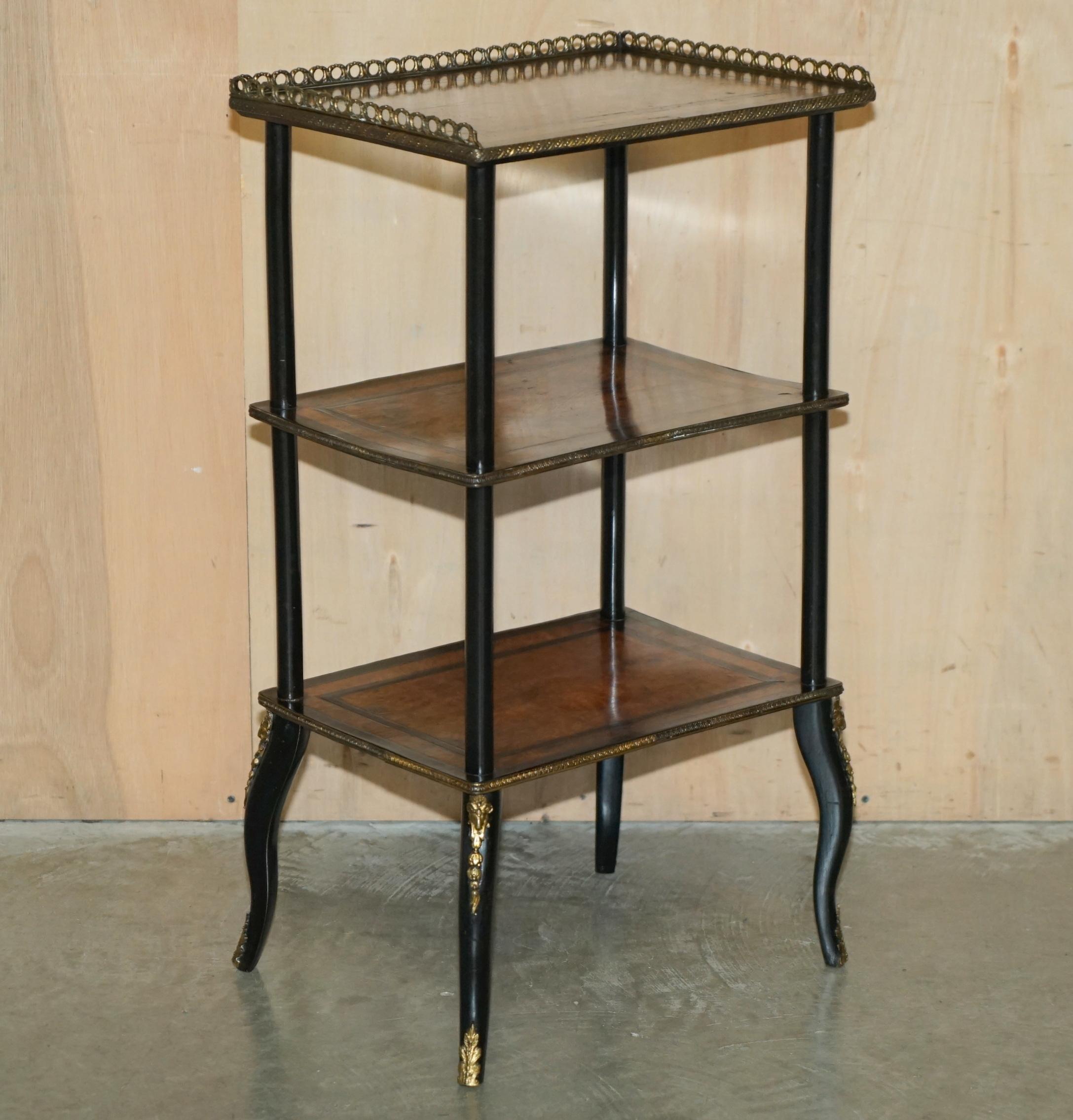 Victorian PAIR OF ViCTORIAN EBONISED AMBOYNA WOOD ETAGERES SIDE END LAMP WINE TABLES For Sale