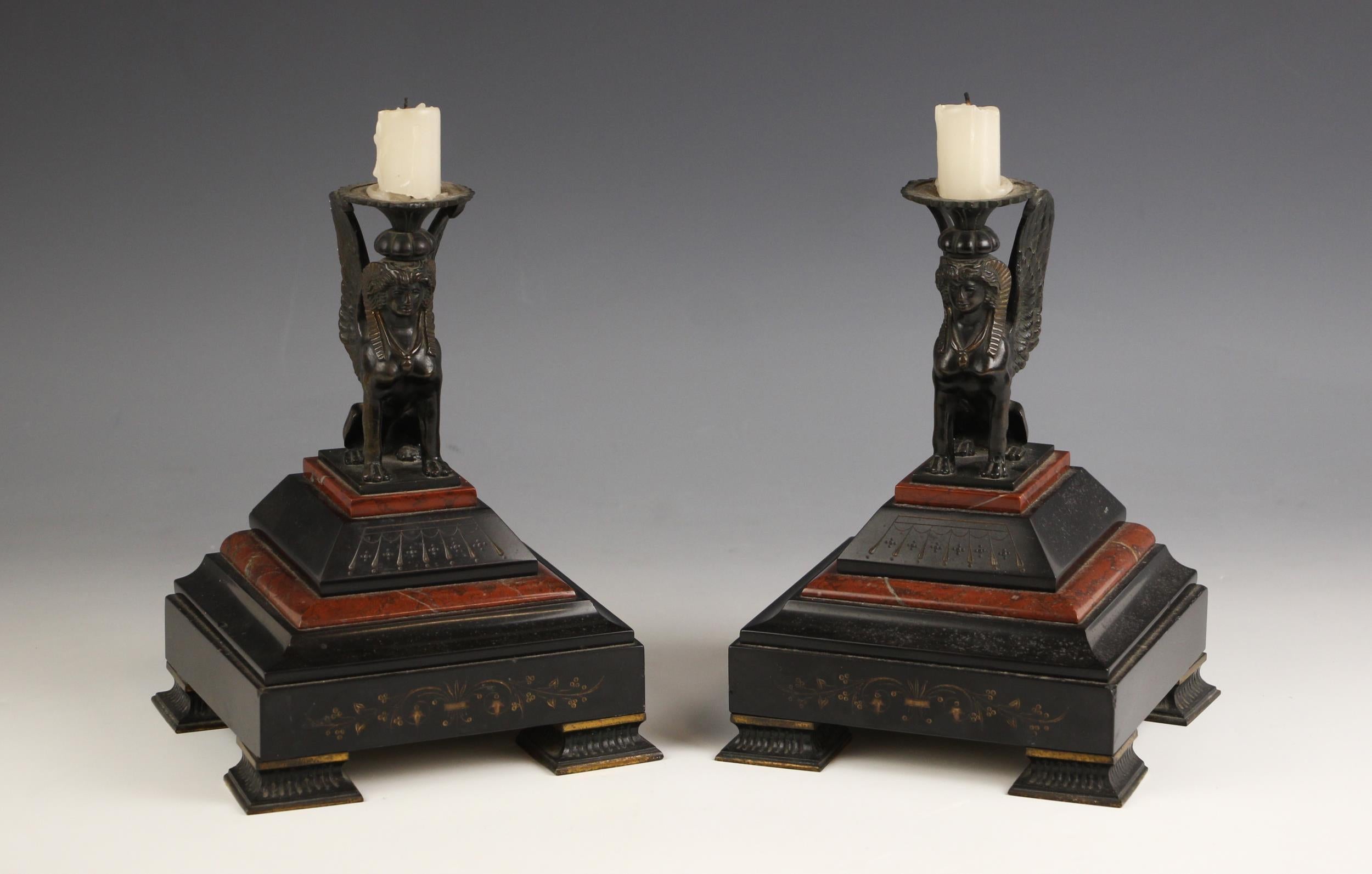 Belgian Pair of Victorian Egyptian Revival Bronze & Rouge Marble Sphinx Candle Holders For Sale