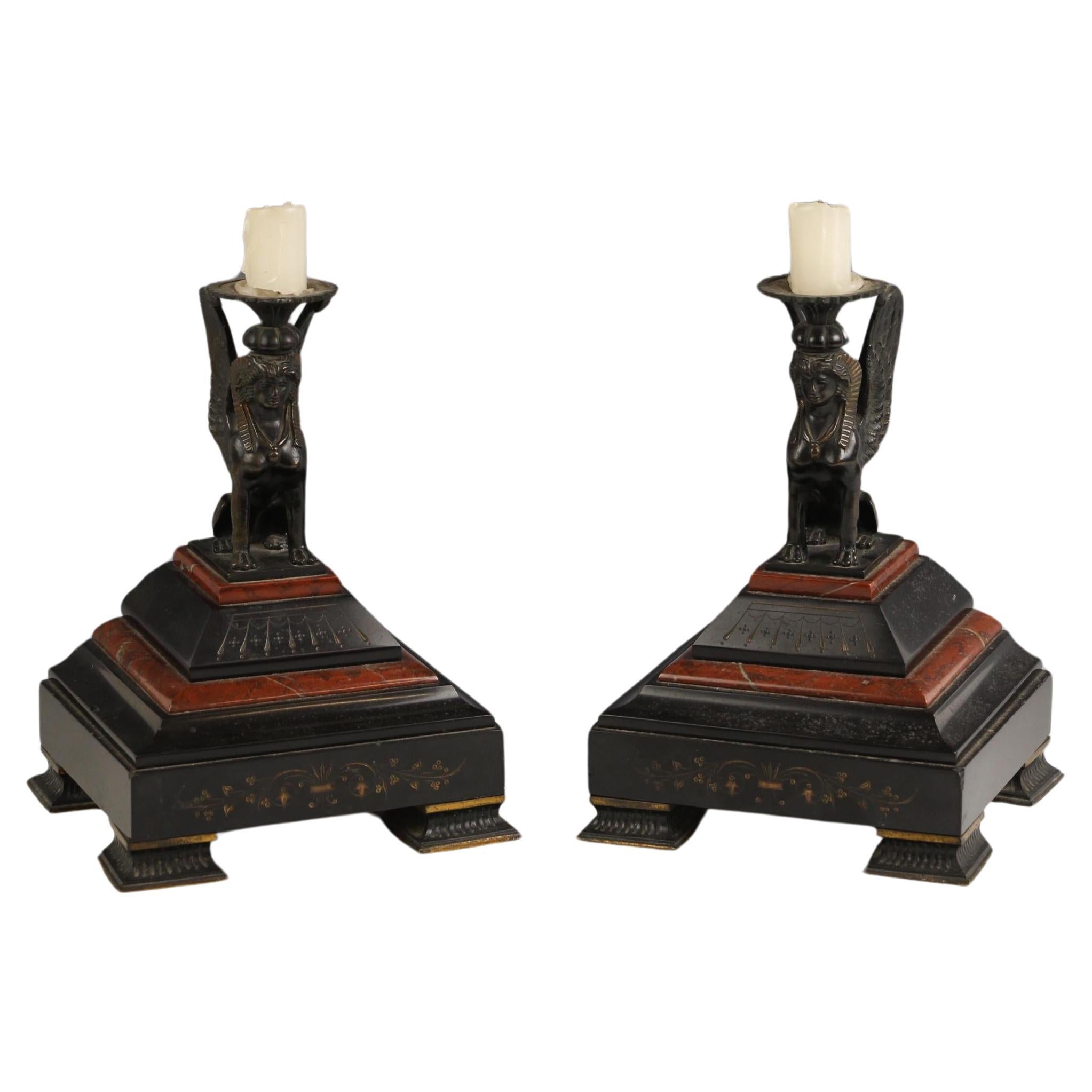 Pair of Victorian Egyptian Revival Bronze & Rouge Marble Sphinx Candle Holders For Sale