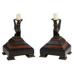 Pair of Victorian Egyptian Revival Bronze & Rouge Marble Sphinx Candle Holders