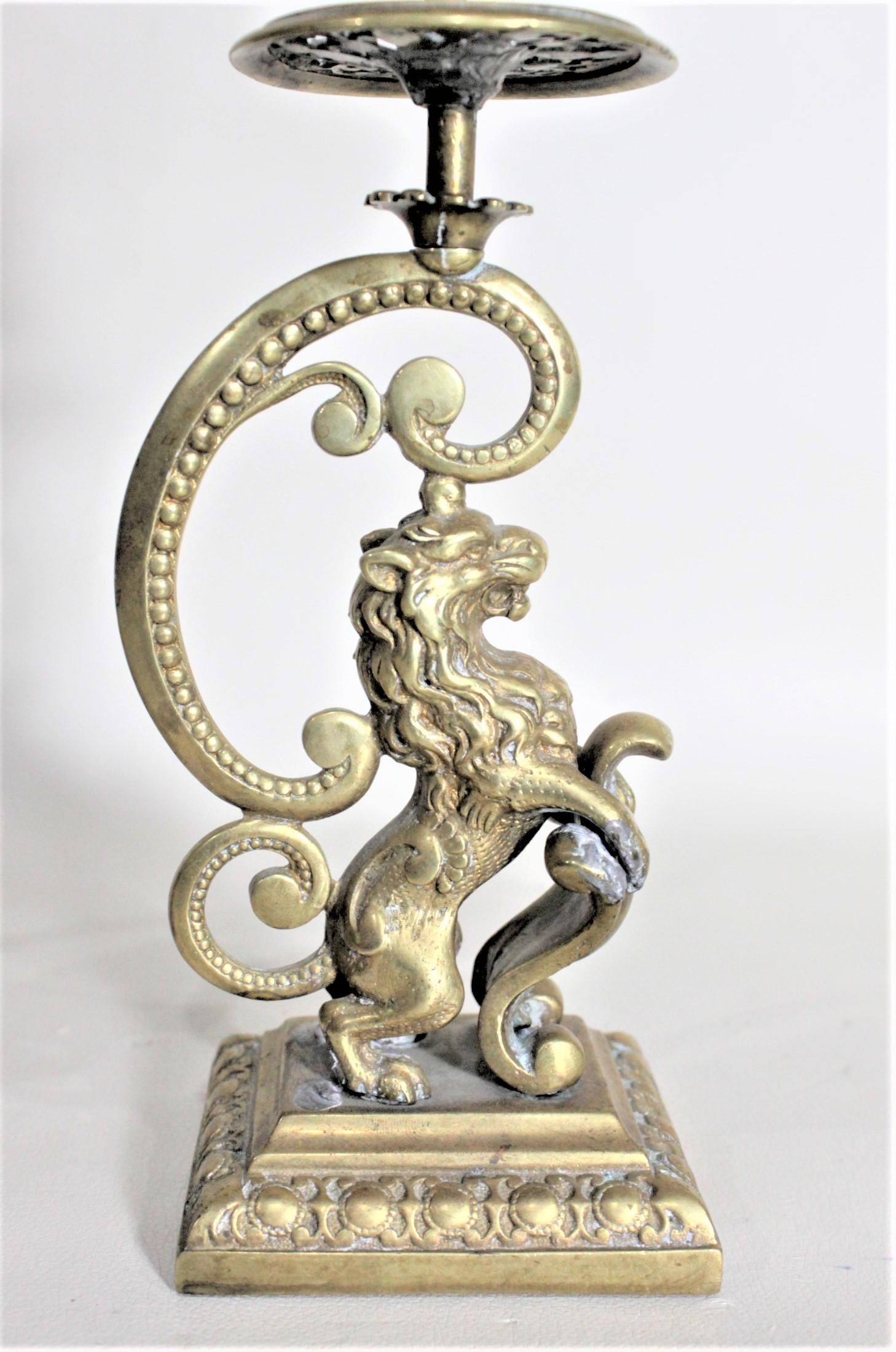 Pair of Victorian English Cast Brass Candlesticks with Rearing Figural Lions 4