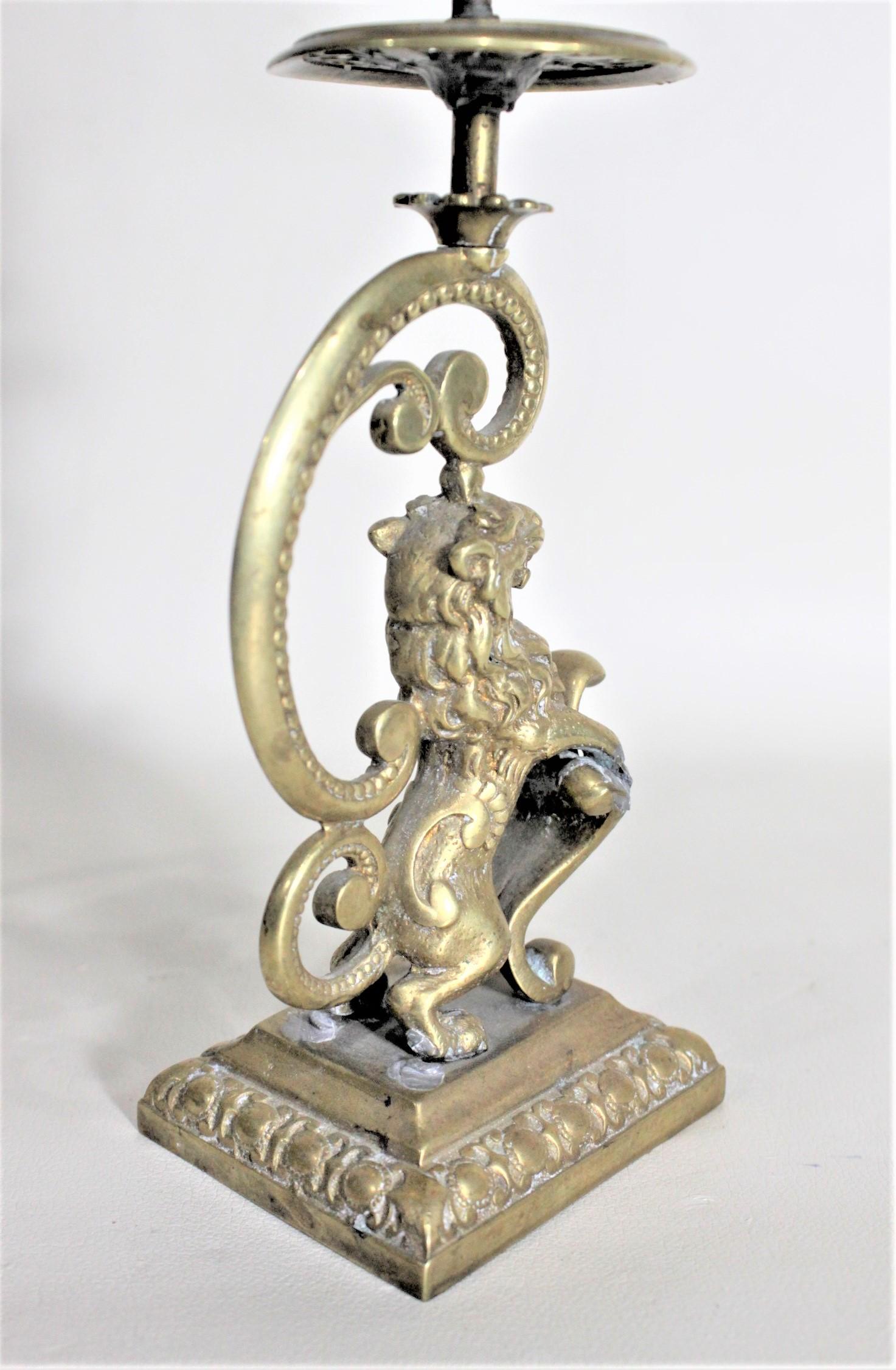 Pair of Victorian English Cast Brass Candlesticks with Rearing Figural Lions 5