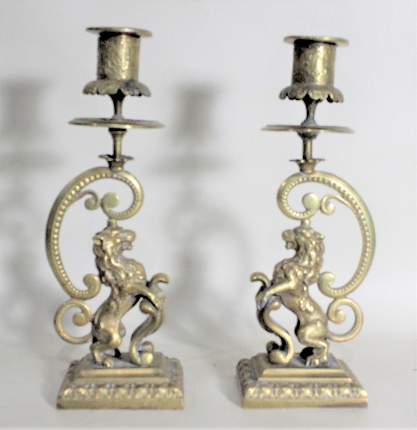 Pair of Victorian English Cast Brass Candlesticks with Rearing Figural Lions For Sale 6