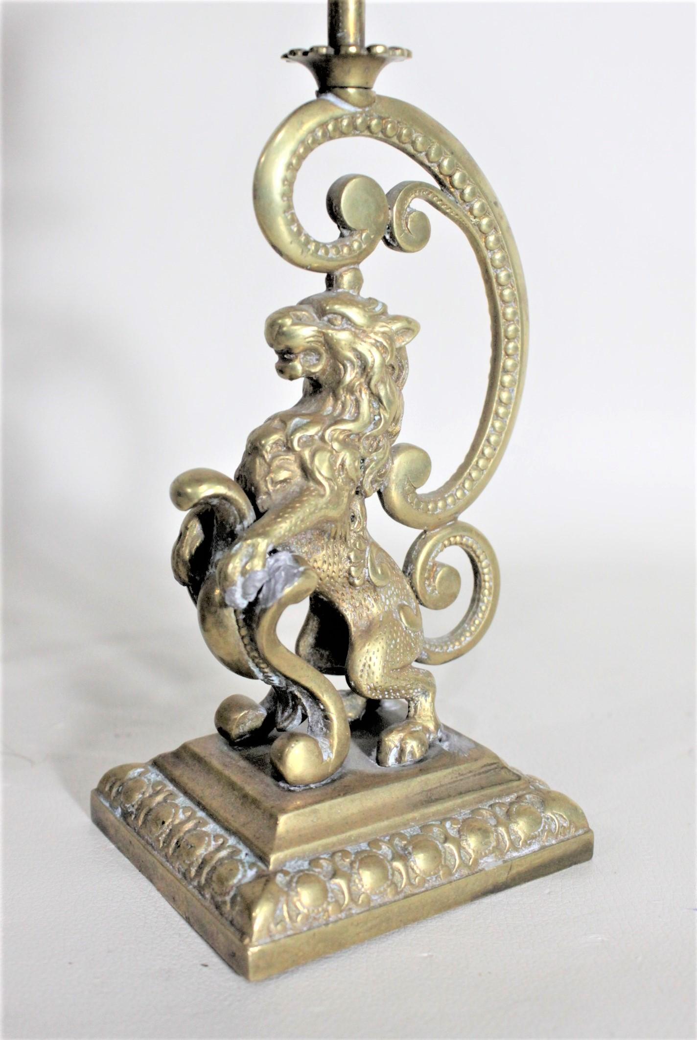 Pair of Victorian English Cast Brass Candlesticks with Rearing Figural Lions 3