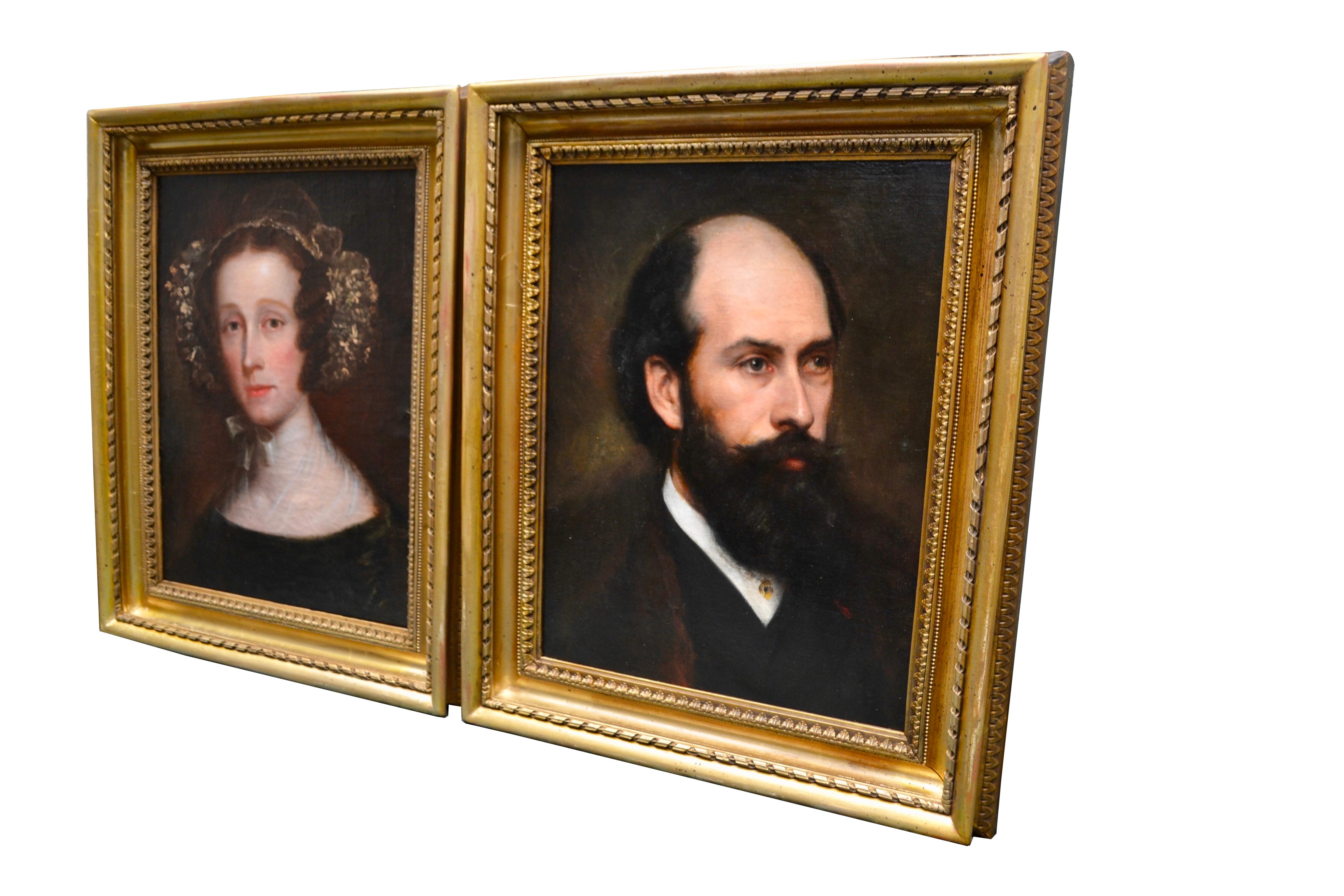 High Victorian Pair of Victorian English Portraits Mounted on Panel For Sale
