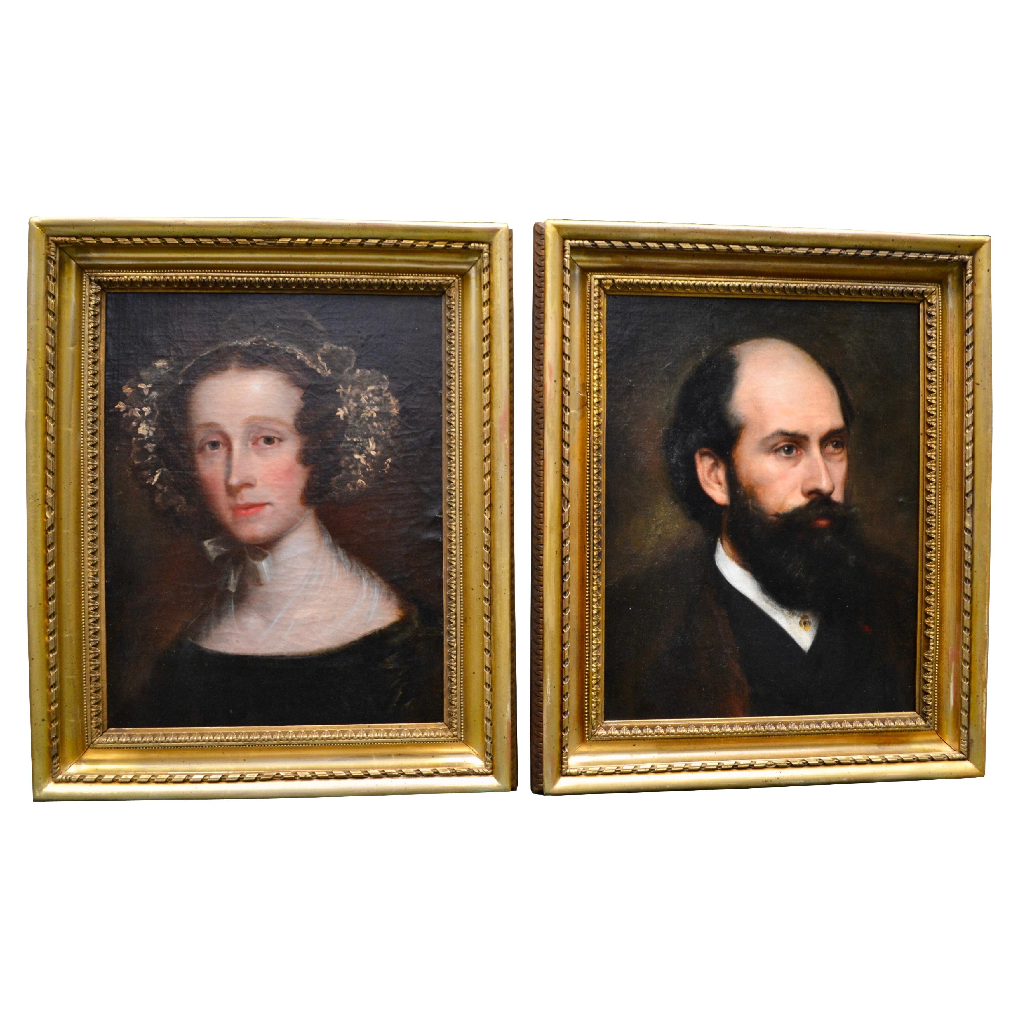 Pair of Victorian English Portraits Mounted on Panel For Sale