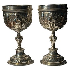 Pair of Victorian Era Repousse Sterling Silver Goblets by George Lambert 1877