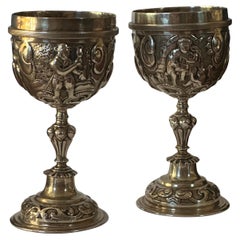 Pair of Victorian Era Repousse Sterling Silver Goblets by George Lambert 1877