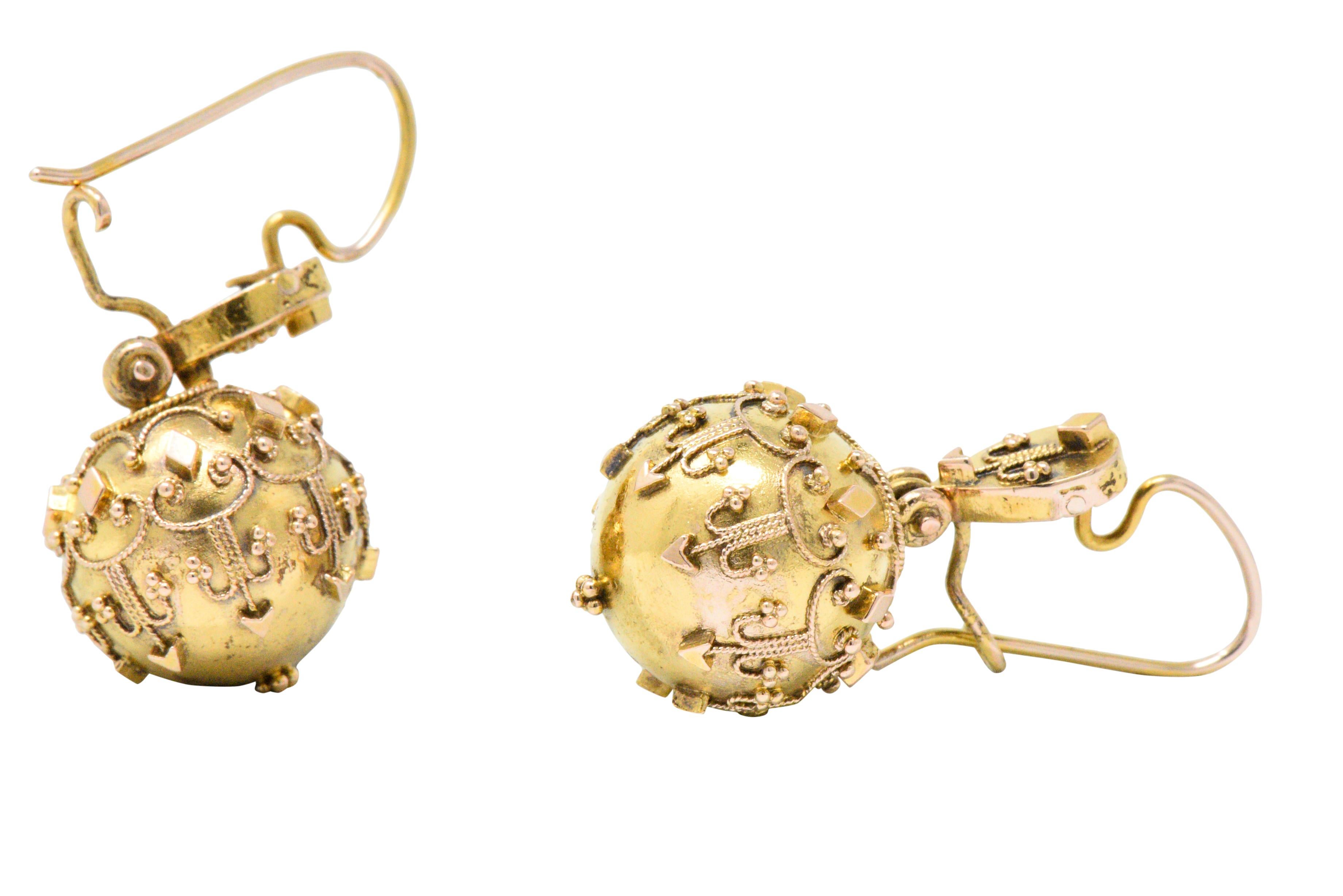 Victorian Etruscan Revival 14 Karat Gold Drop Earrings Circa 1870 In Good Condition In Philadelphia, PA