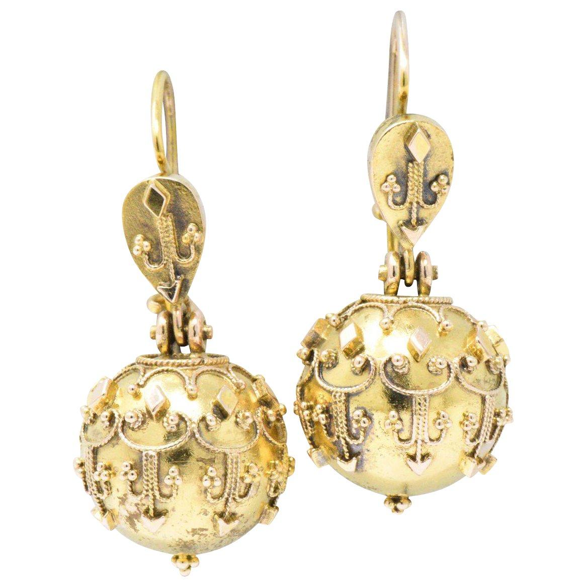 Victorian Etruscan Revival 14 Karat Gold Drop Earrings Circa 1870