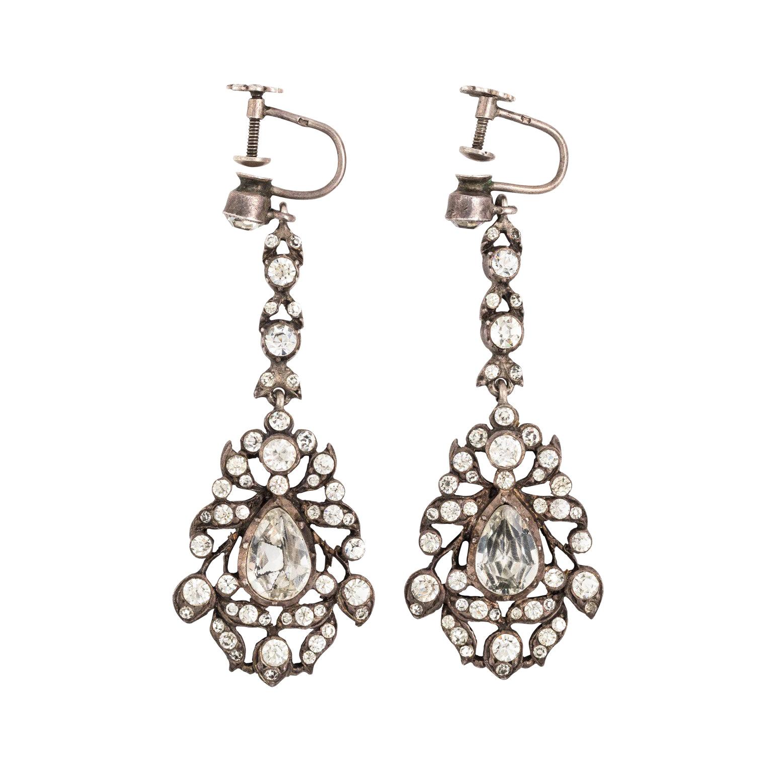 Pair of Victorian French Pendeloque Sterling Silver Paste Long Dangle Earrings