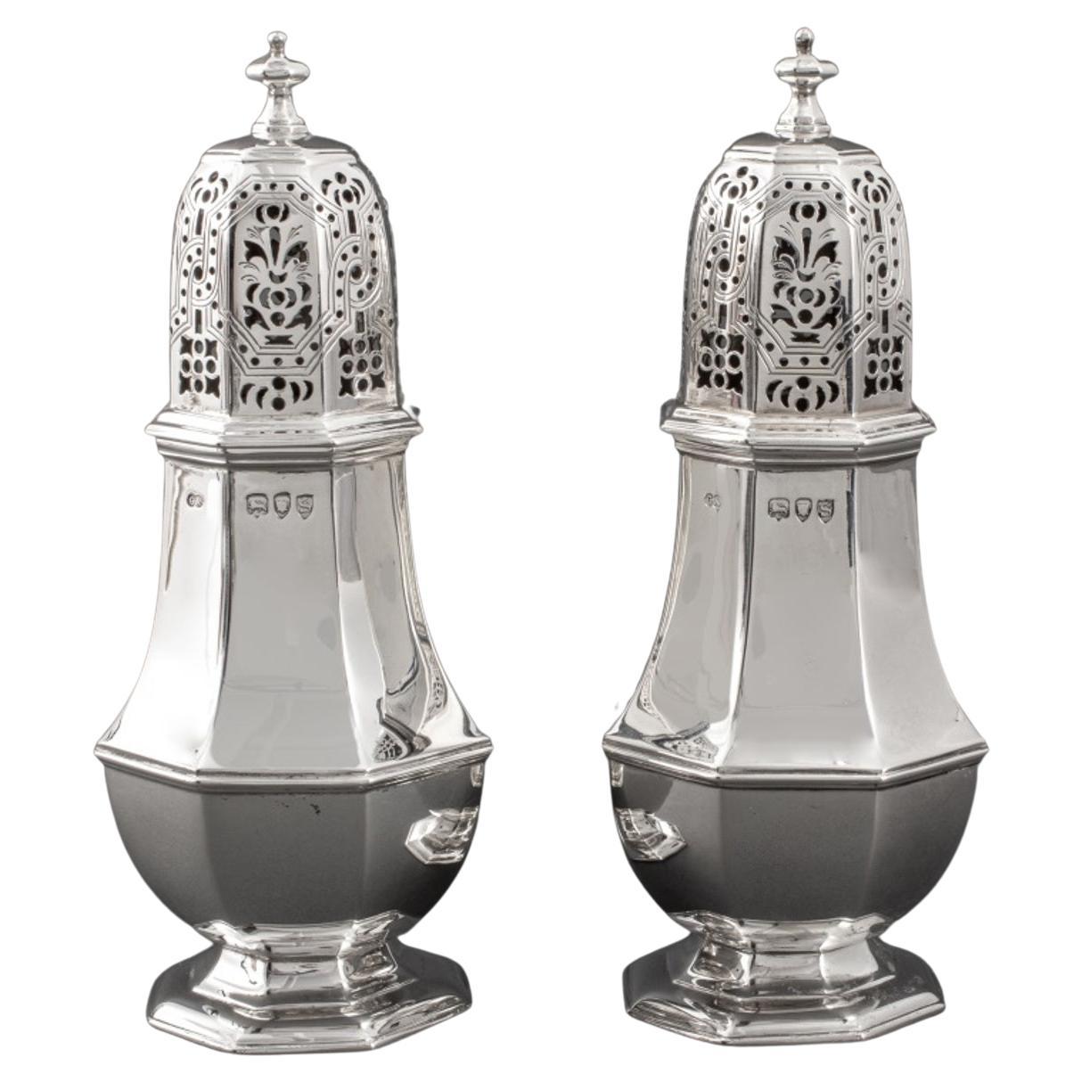 Pair of Victorian George II Style Sterling Silver Sugar Casters  For Sale