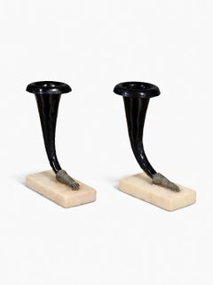 Pair of Victorian Gilt Brass Hand & Amethyst Glass Cornucopia Vases, Marble Base