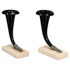 Pair of Victorian Gilt Brass Hand & Amethyst Glass Cornucopia Vases, Marble Base