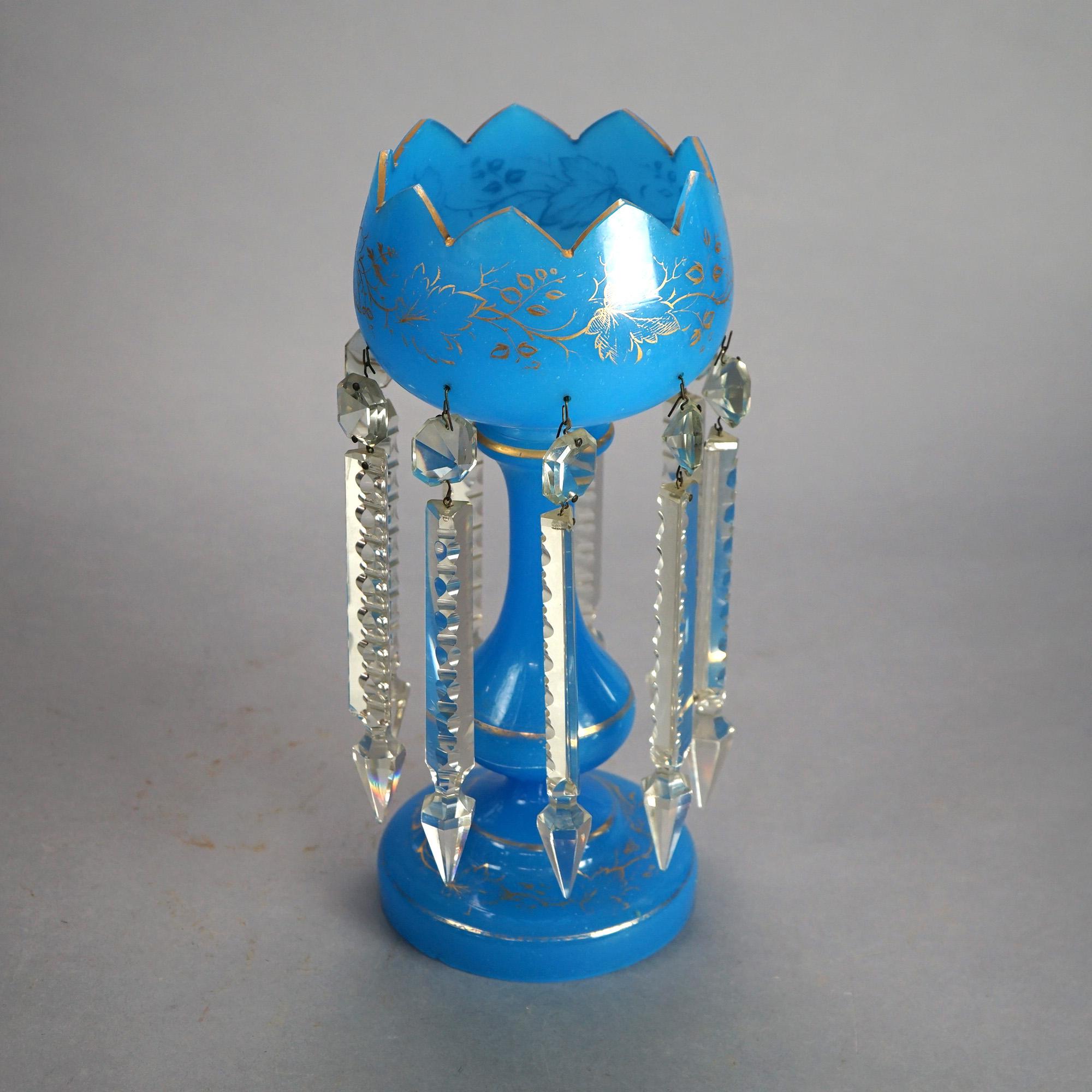 Pair of Victorian Gilt Decorated Blue Mantle Lusters with Cut Crystal Prisms C1890

Measures- 14''H x 6.5''W x 6.5''D