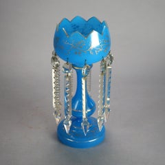 Pair of Victorian Gilt Decorated Blue Mantle Lusters with Crystal Prisms C1890