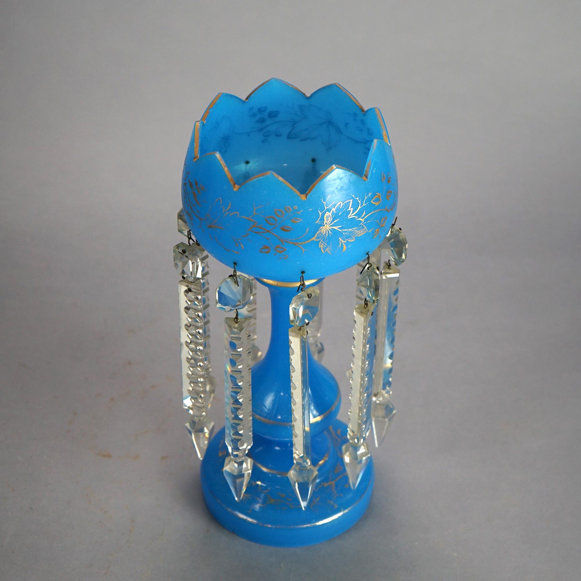 High Victorian Pair of Victorian Gilt Decorated Blue Mantle Lusters with Crystal Prisms C1890