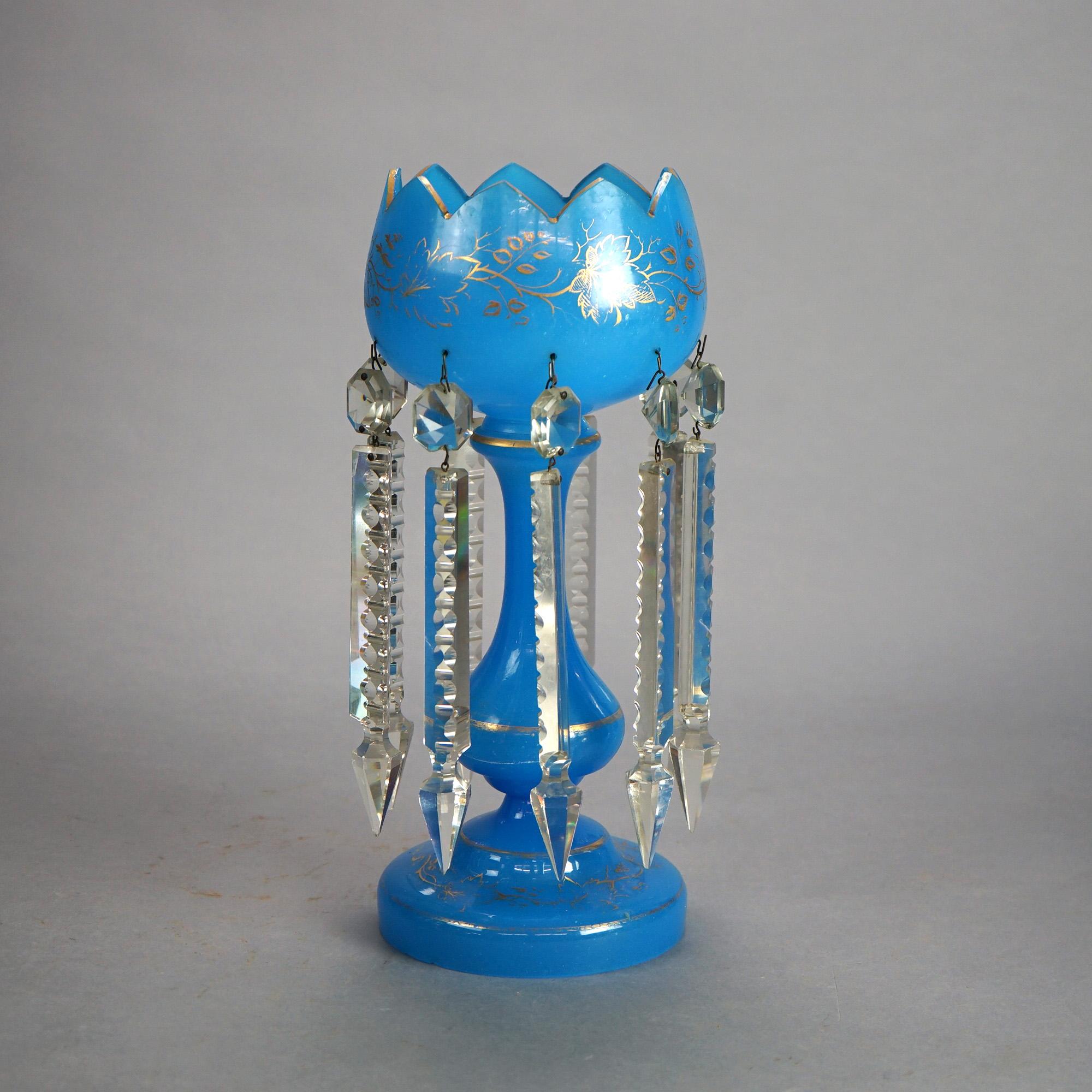 Pair of Victorian Gilt Decorated Blue Mantle Lusters with Crystal Prisms C1890 In Good Condition In Big Flats, NY