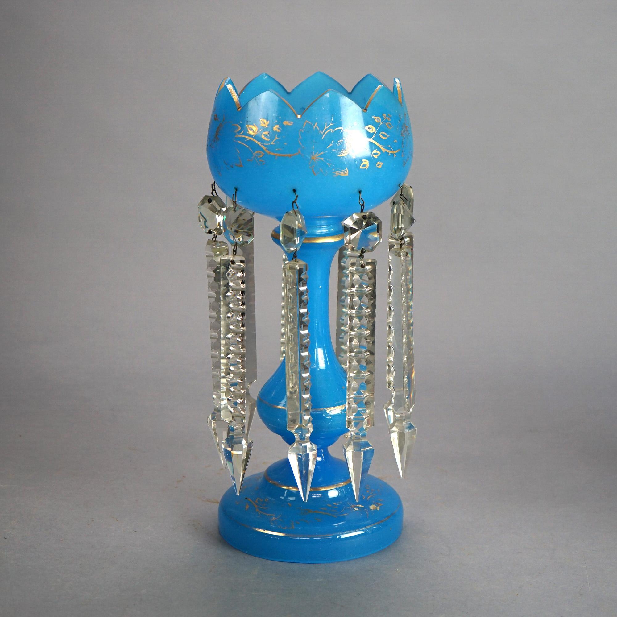 19th Century Pair of Victorian Gilt Decorated Blue Mantle Lusters with Crystal Prisms C1890