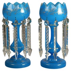 Pair of Victorian Gilt Decorated Blue Mantle Lusters with Crystal Prisms C1890