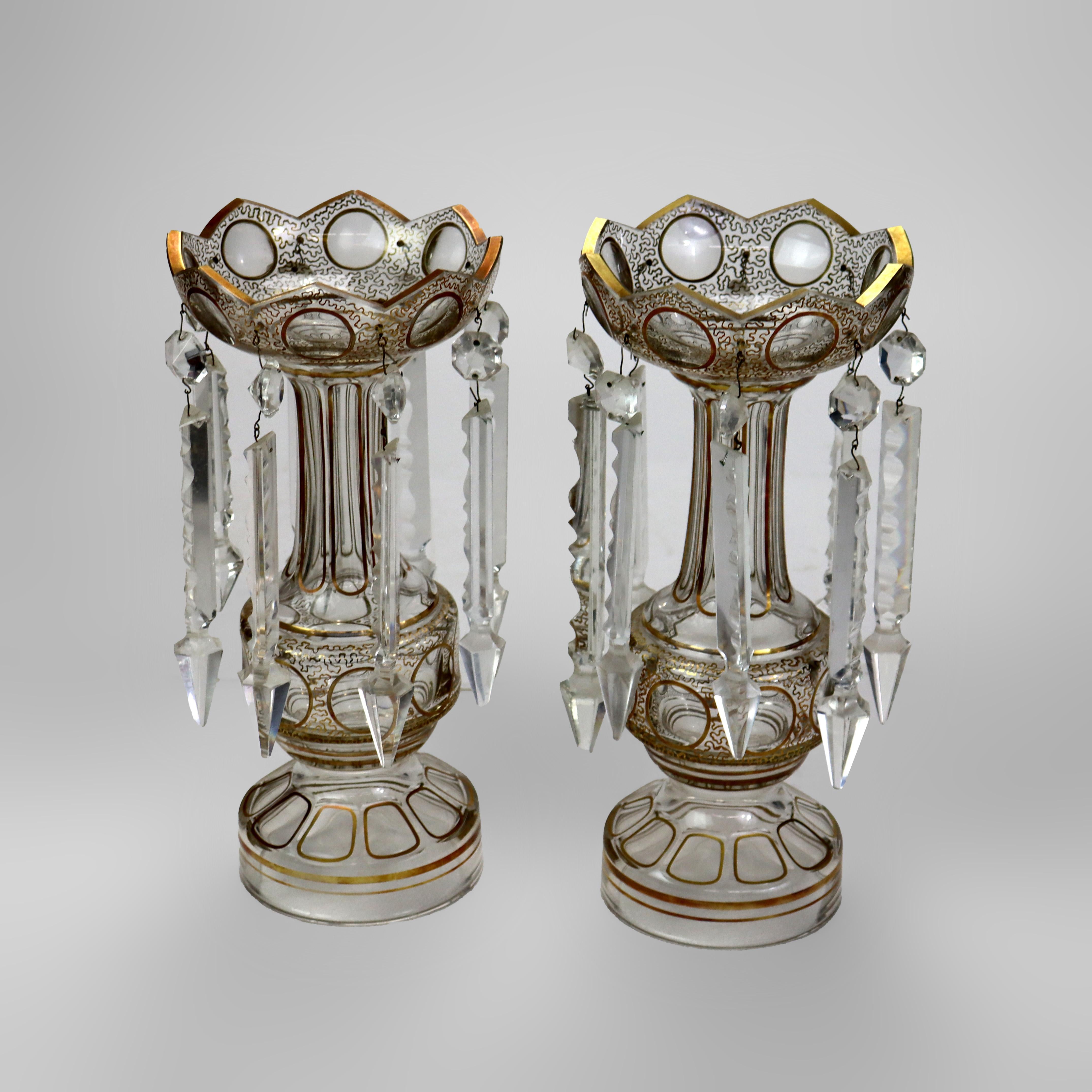 Pair of Antique Victorian Gold Decorated Cut To Clear Glass Lusters with Hanging Cut Crystals C1890.   
6 1/4