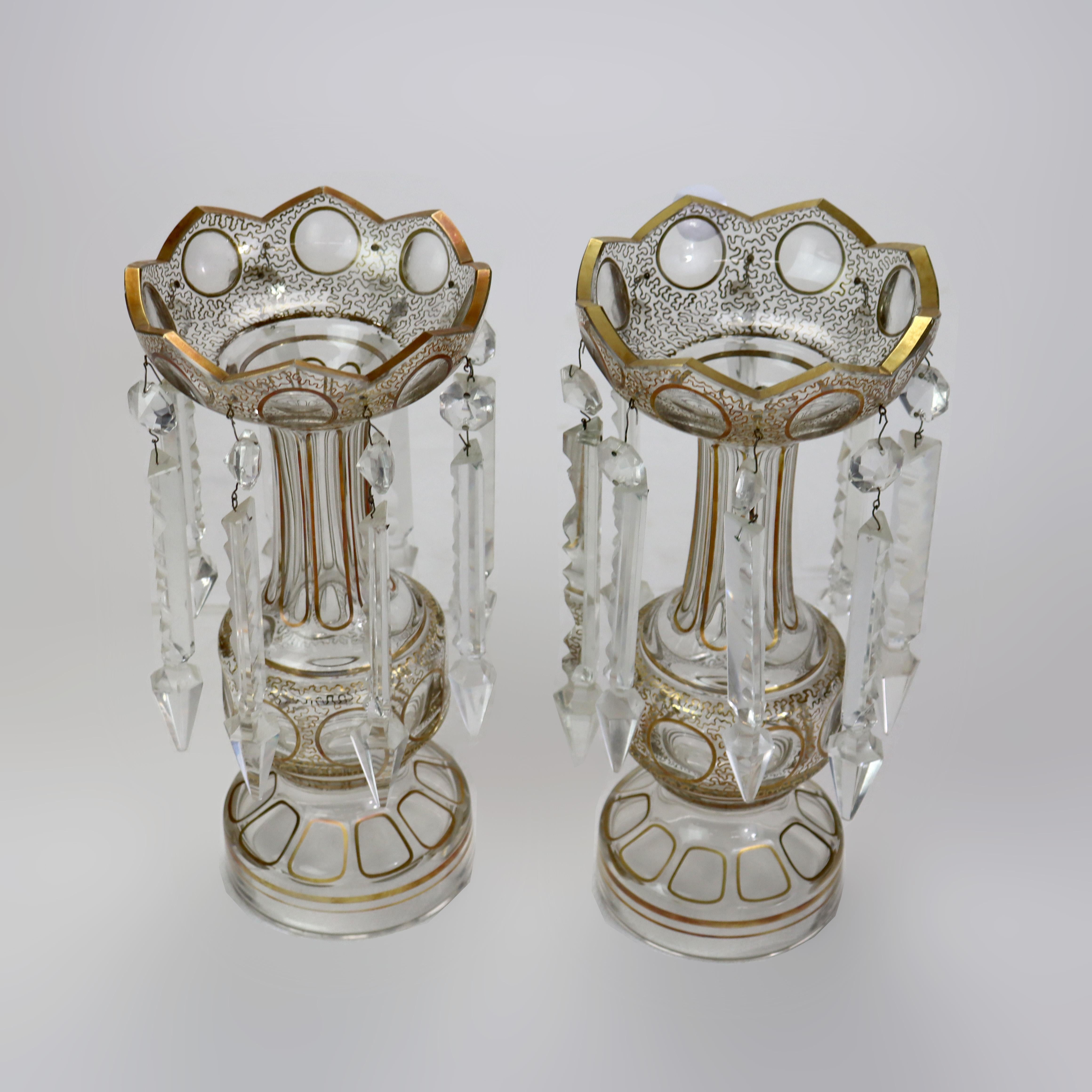 Pair of Victorian Gilt Decorated Glass Mantle Lusters with Crystals c1890 In Good Condition For Sale In Big Flats, NY
