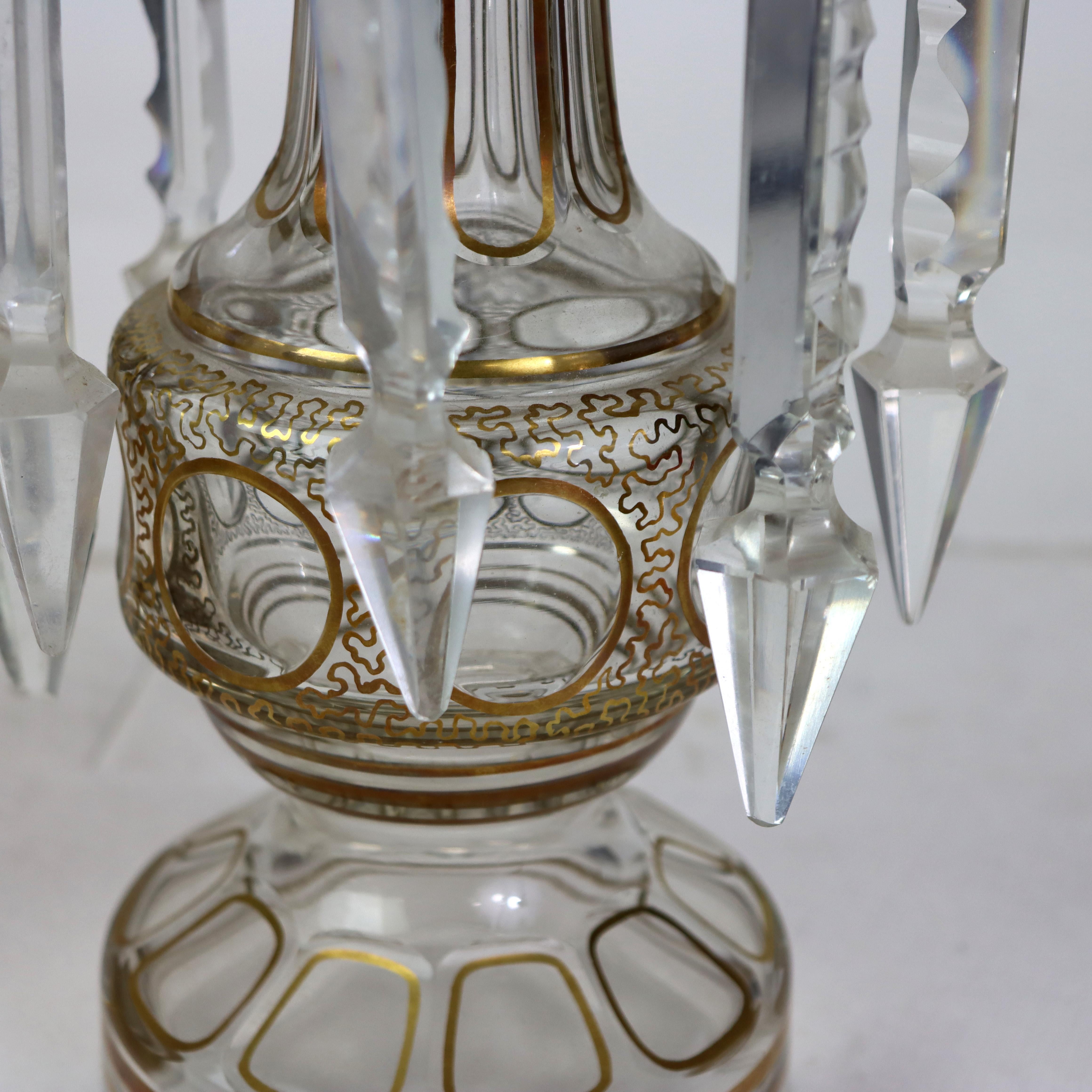 19th Century Pair of Victorian Gilt Decorated Glass Mantle Lusters with Crystals c1890 For Sale