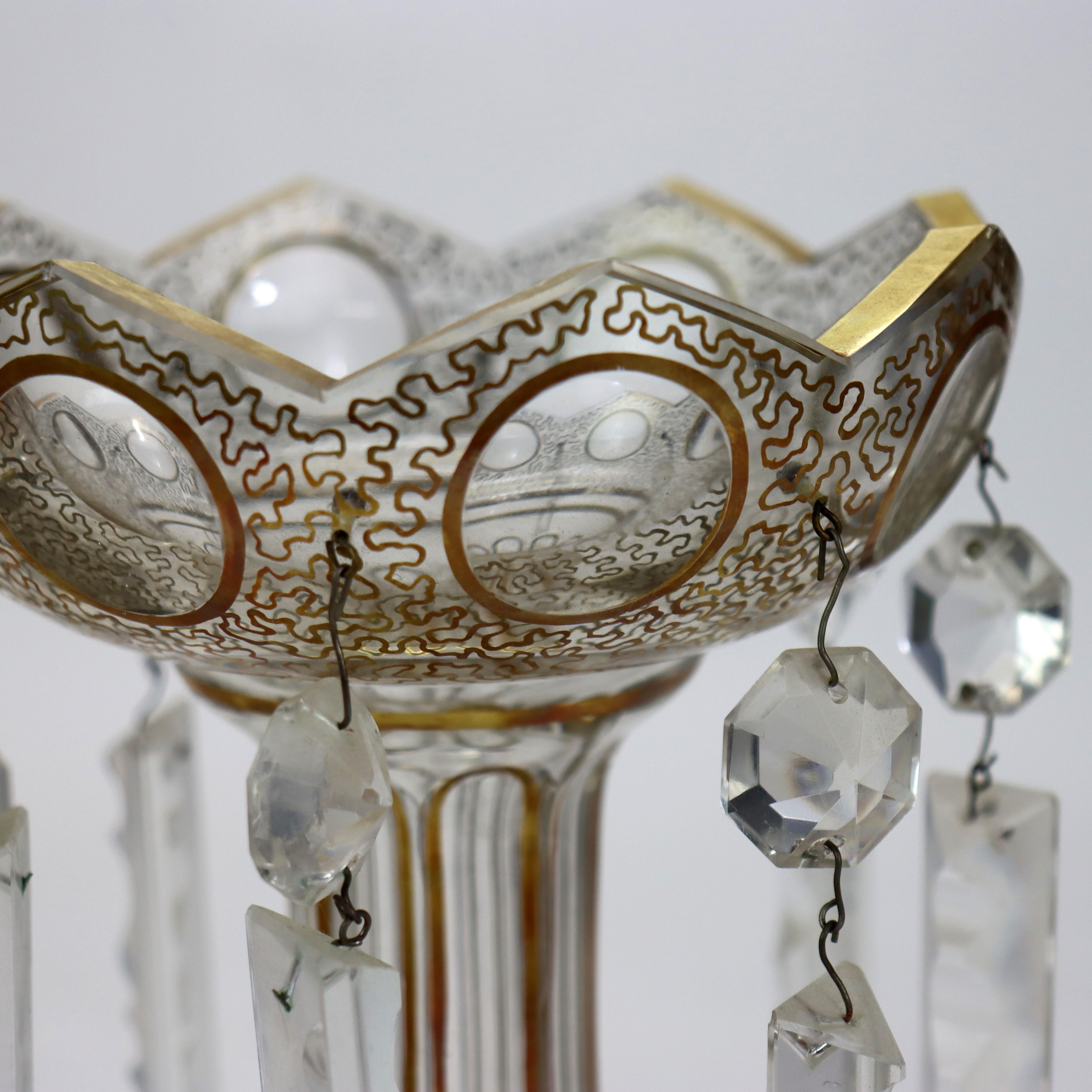Pair of Victorian Gilt Decorated Glass Mantle Lusters with Crystals c1890 For Sale 1