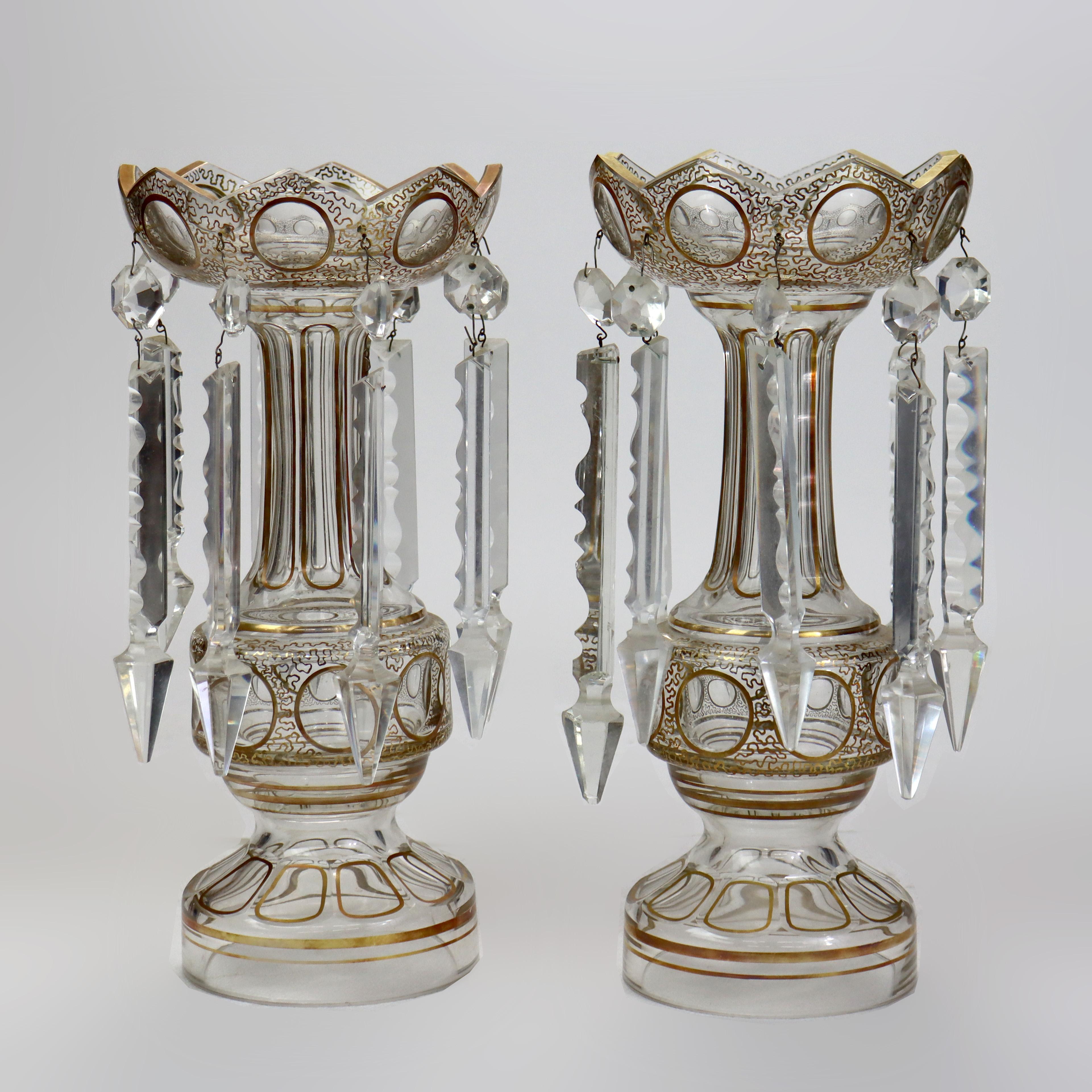 Pair of Victorian Gilt Decorated Glass Mantle Lusters with Crystals c1890 For Sale 2