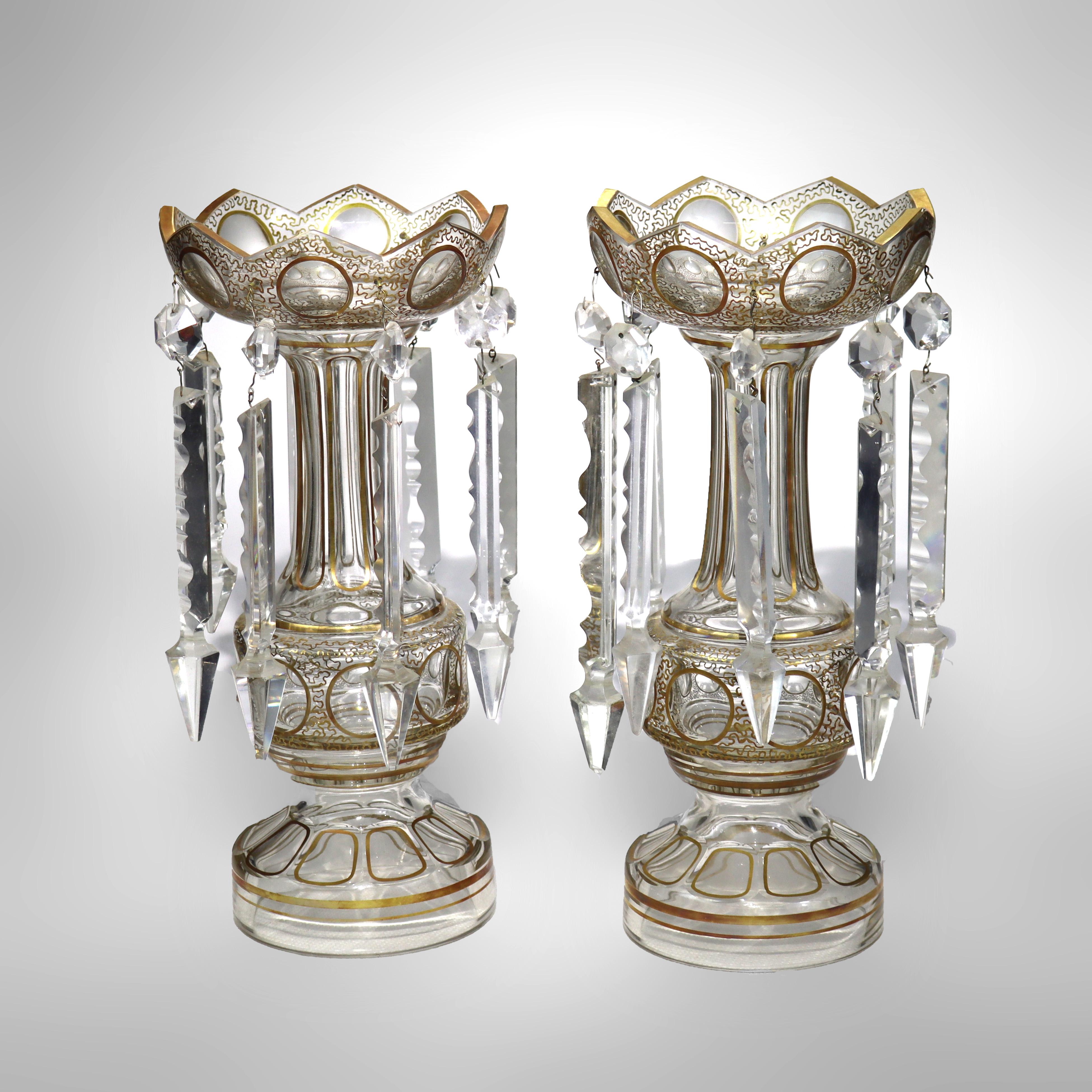 Pair of Victorian Gilt Decorated Glass Mantle Lusters with Crystals c1890 For Sale 3