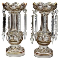 Antique Pair of Victorian Gilt Decorated Glass Mantle Lusters with Crystals c1890