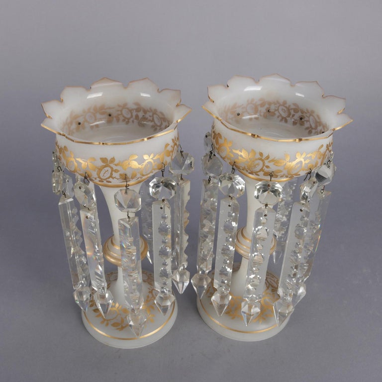 Pair of Victorian Gilt Frosted Glass and Cut Crystal Mantel Lustres