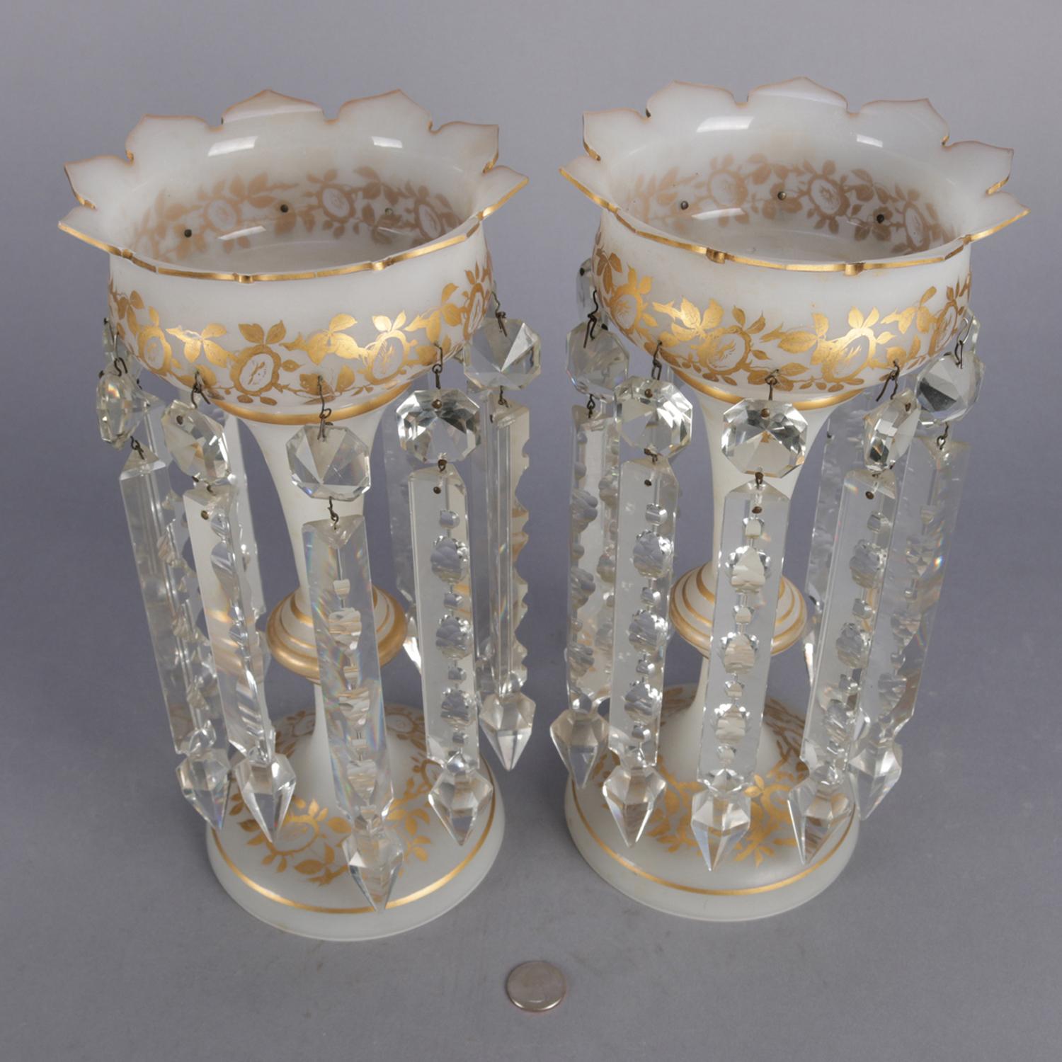 19th Century Pair of Victorian Gilt Frosted Glass and Cut Crystal Mantel Lustres with Prisms