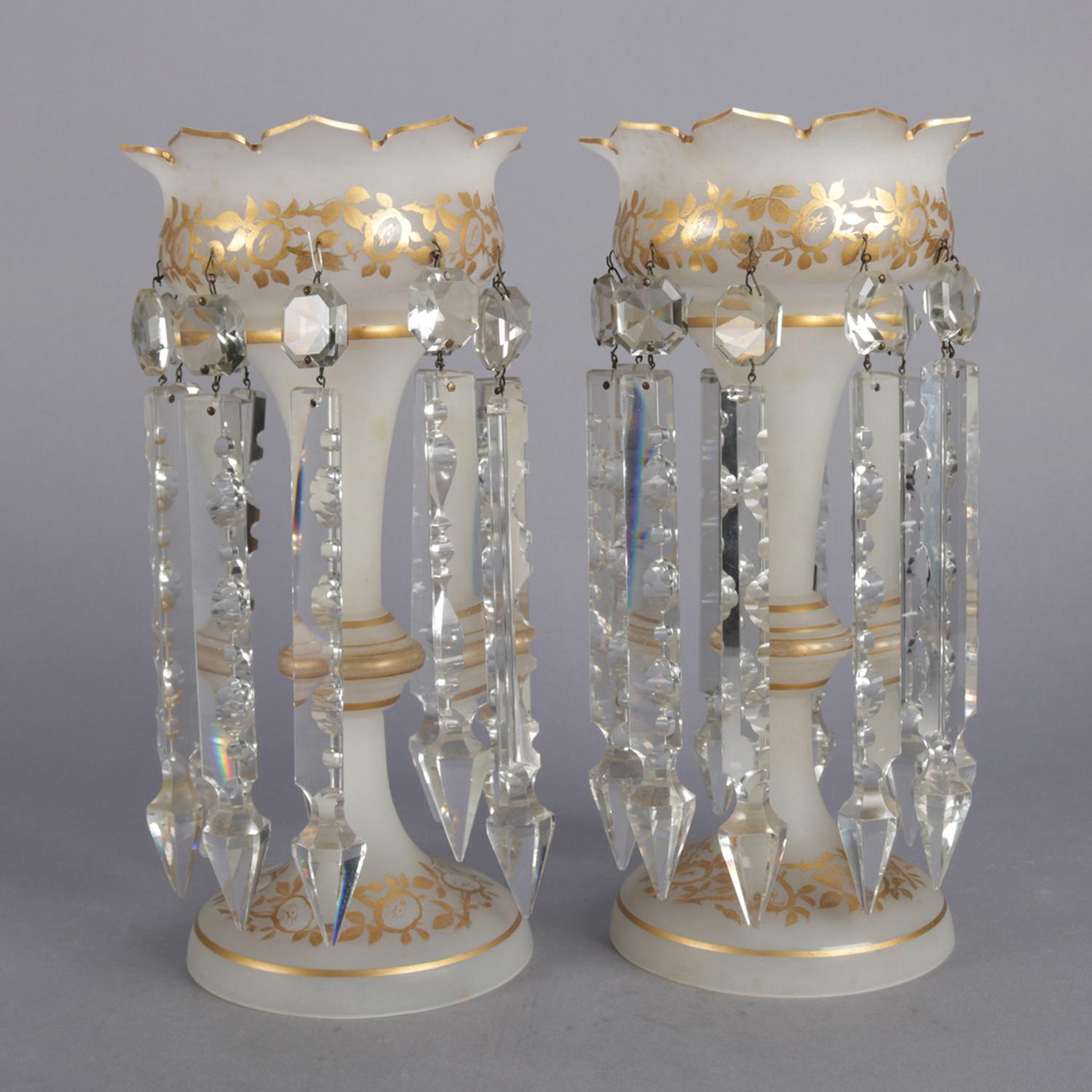 Pair of Victorian Gilt Frosted Glass and Cut Crystal Mantel Lustres with Prisms 1