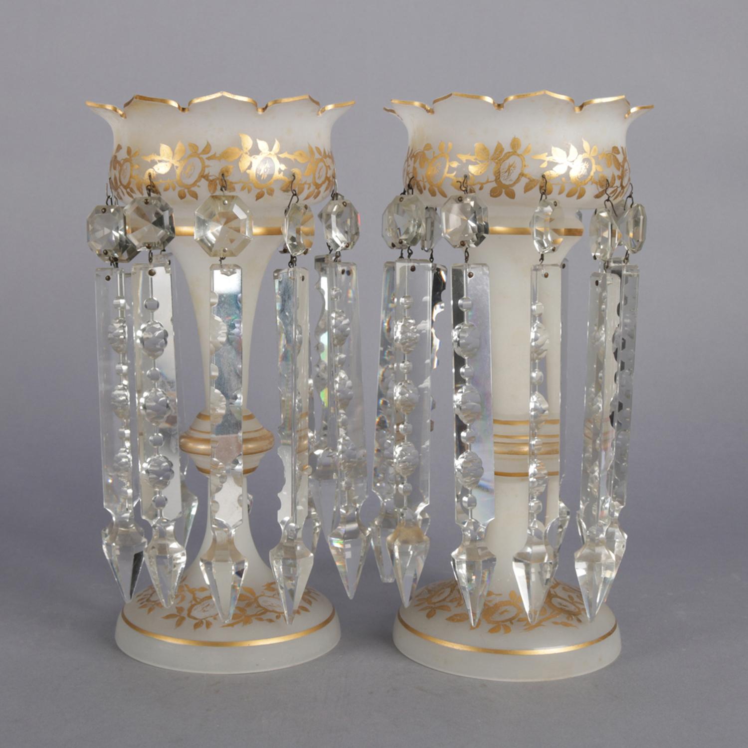 Pair of Victorian Gilt Frosted Glass and Cut Crystal Mantel Lustres with Prisms 2