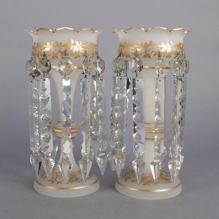 Pair of Victorian Gilt Frosted Glass and Cut Crystal Mantel Lustres