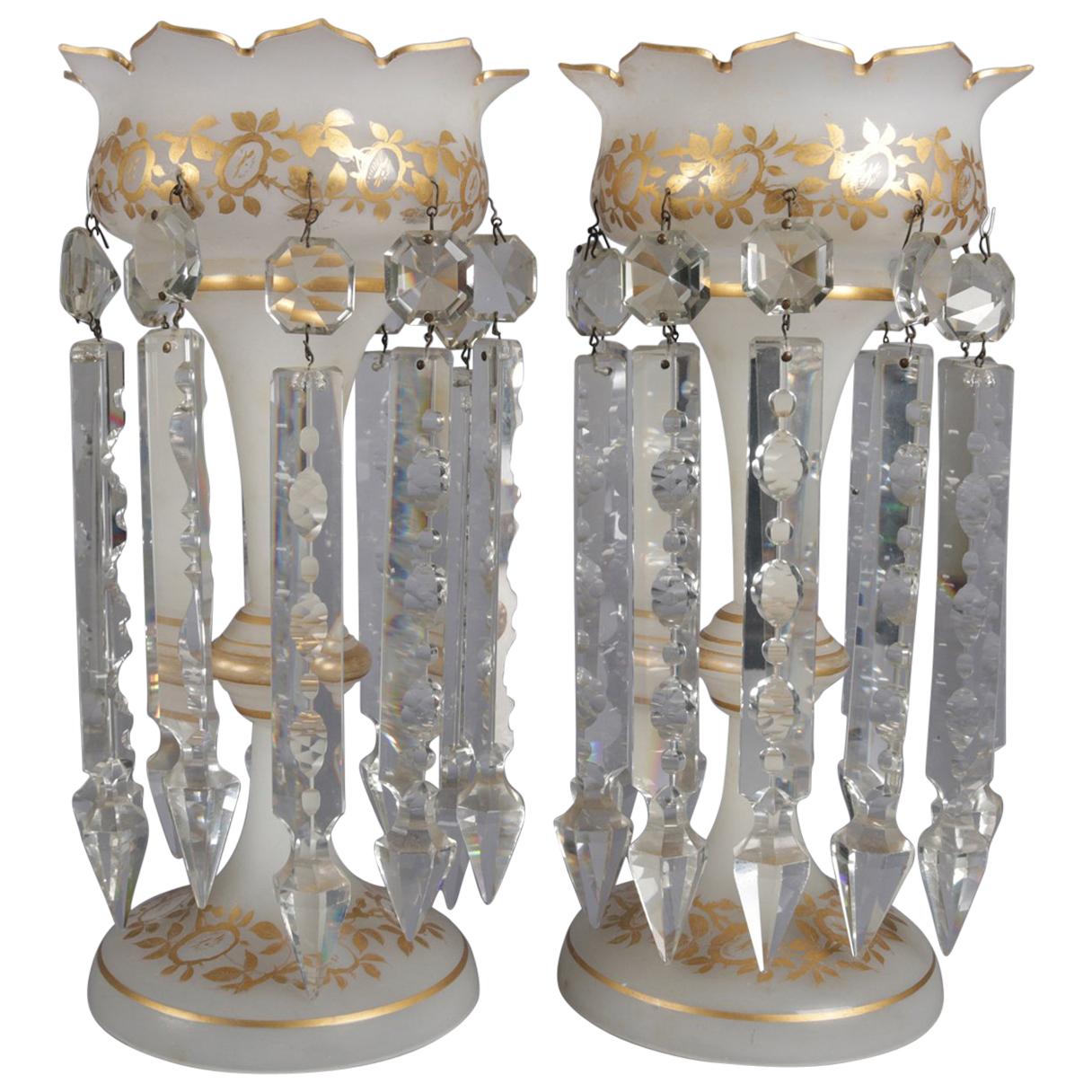 Pair of Victorian Gilt Frosted Glass and Cut Crystal Mantel Lustres with Prisms