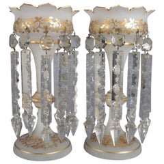 Antique Pair of Victorian Gilt Frosted Glass and Cut Crystal Mantel Lustres with Prisms