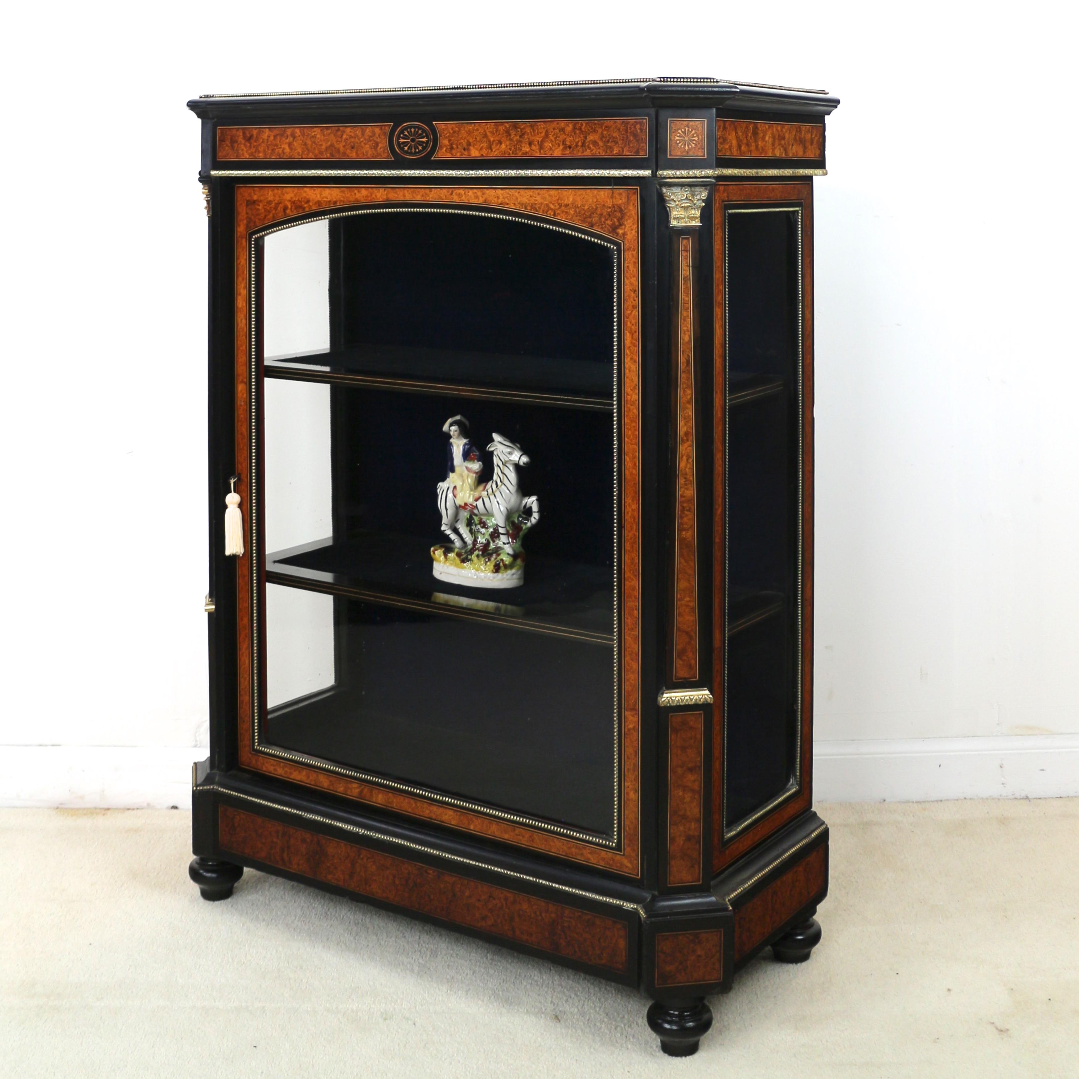 Pair of Victorian Gilt Metal Mounted, Ebonised & Amboyna Pier Display Cabinets 5
