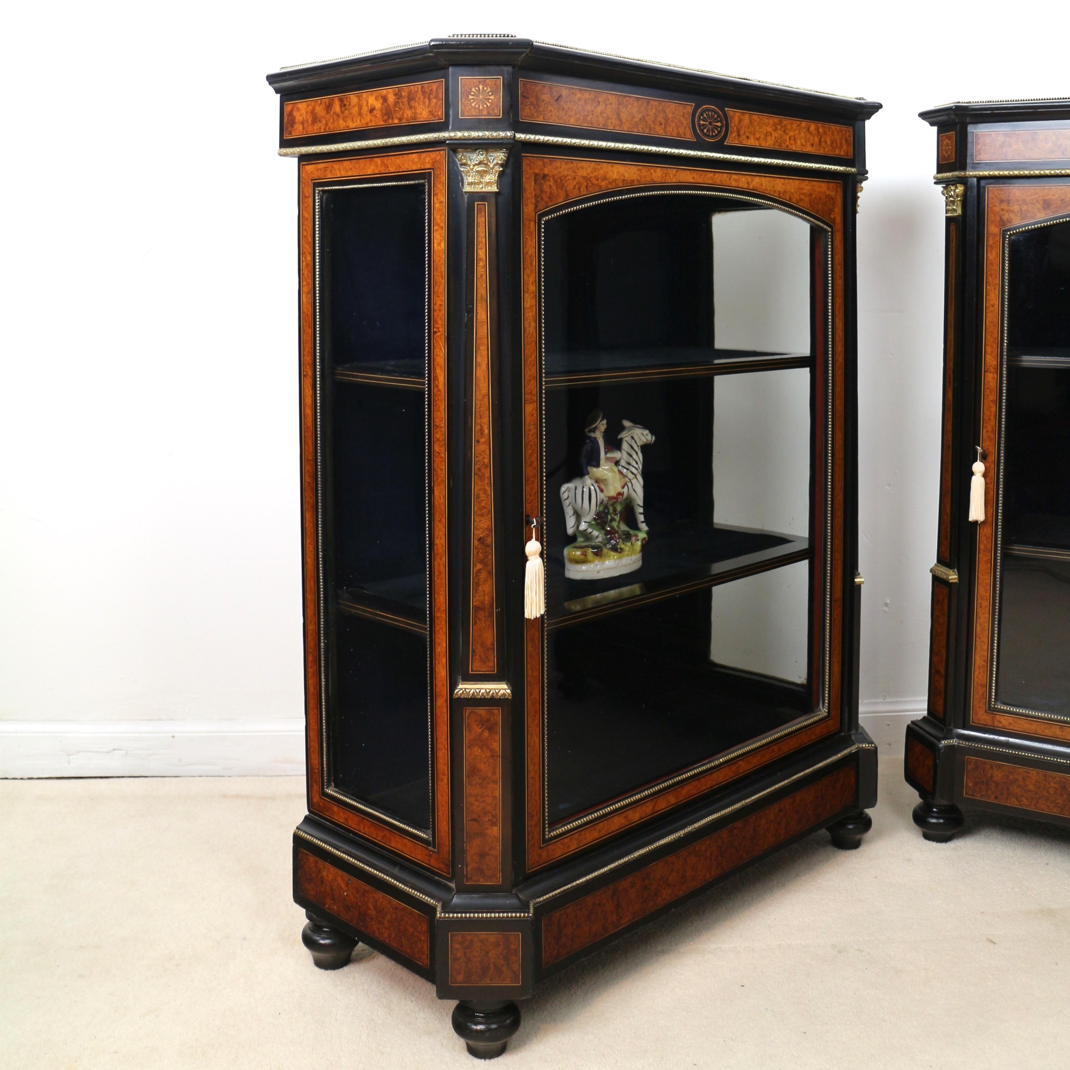 Pair of Victorian Gilt Metal Mounted, Ebonised & Amboyna Pier Display Cabinets 6