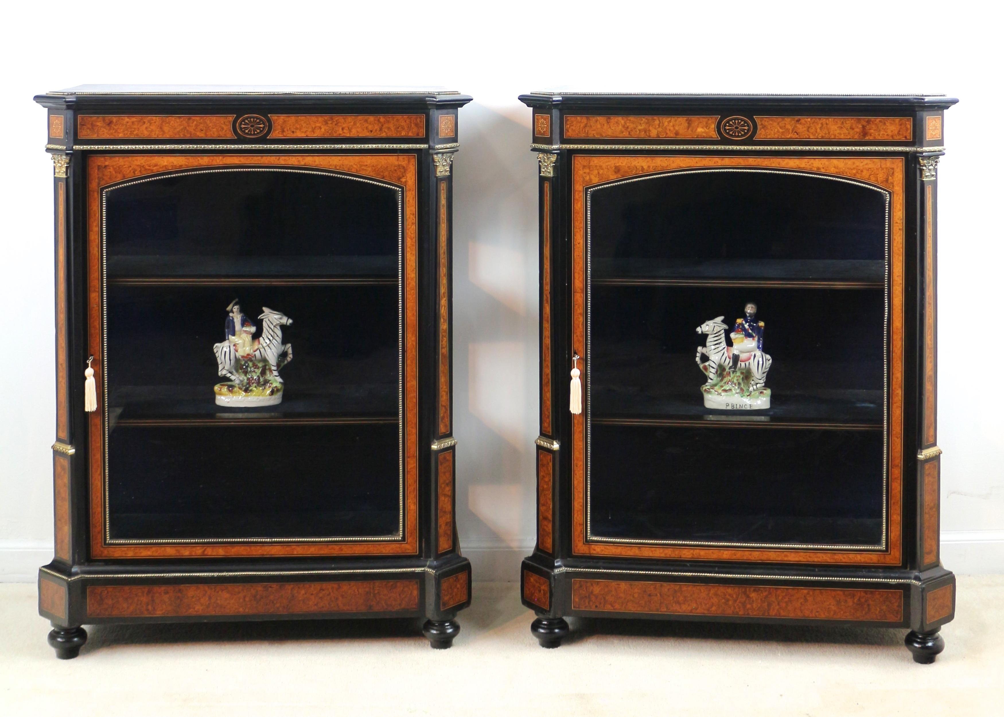 English Pair of Victorian Gilt Metal Mounted, Ebonised & Amboyna Pier Display Cabinets