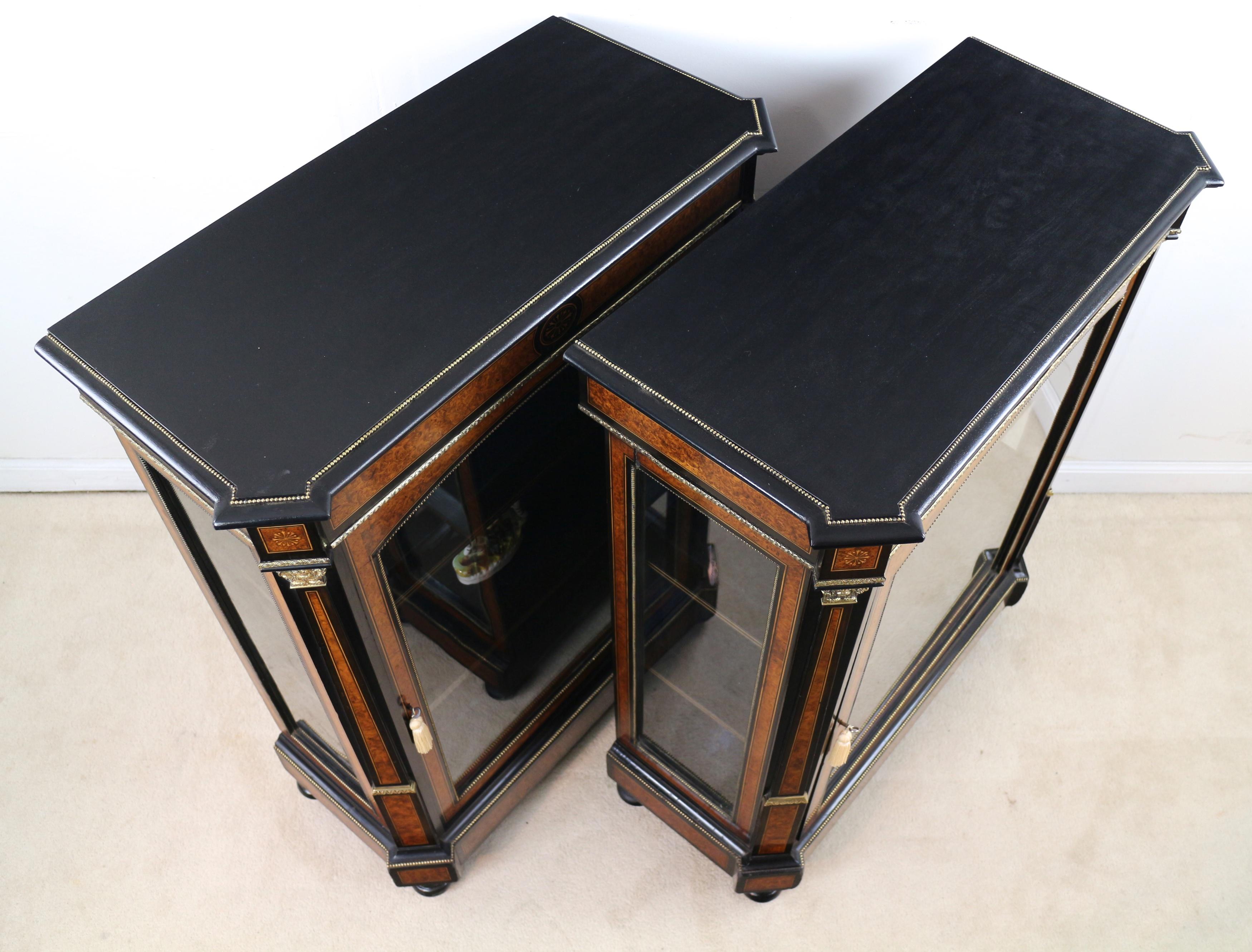 19th Century Pair of Victorian Gilt Metal Mounted, Ebonised & Amboyna Pier Display Cabinets