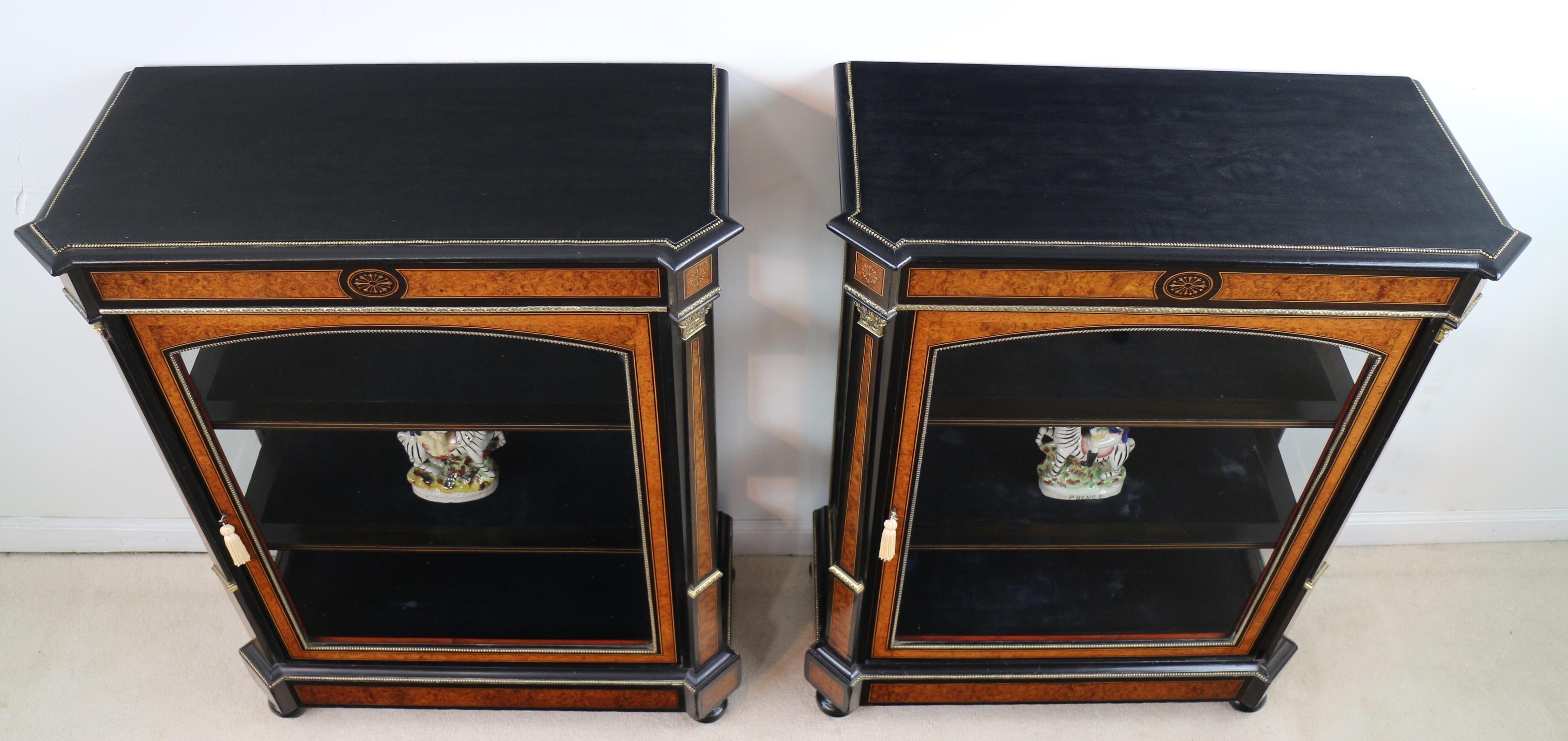 Brass Pair of Victorian Gilt Metal Mounted, Ebonised & Amboyna Pier Display Cabinets