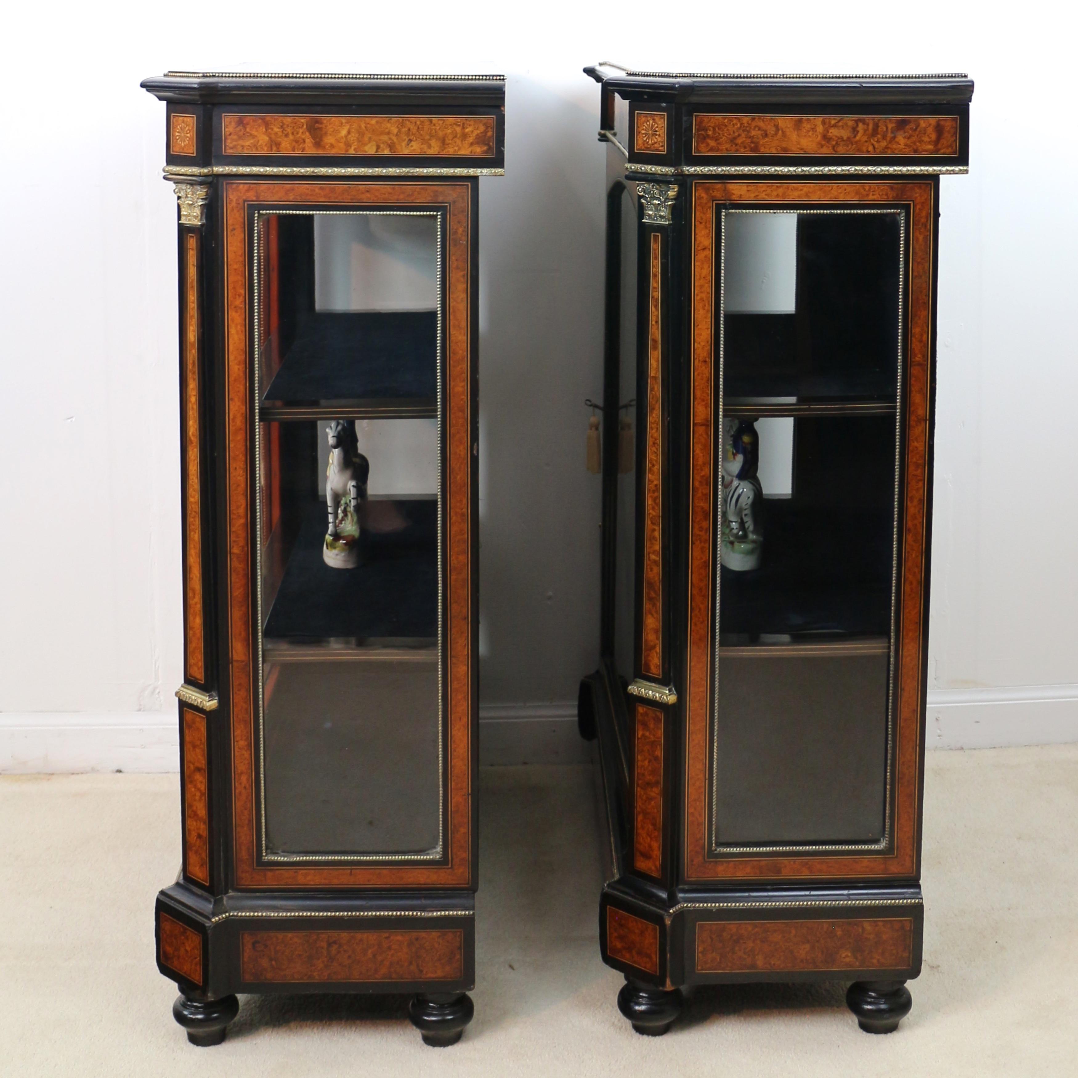 Pair of Victorian Gilt Metal Mounted, Ebonised & Amboyna Pier Display Cabinets 1