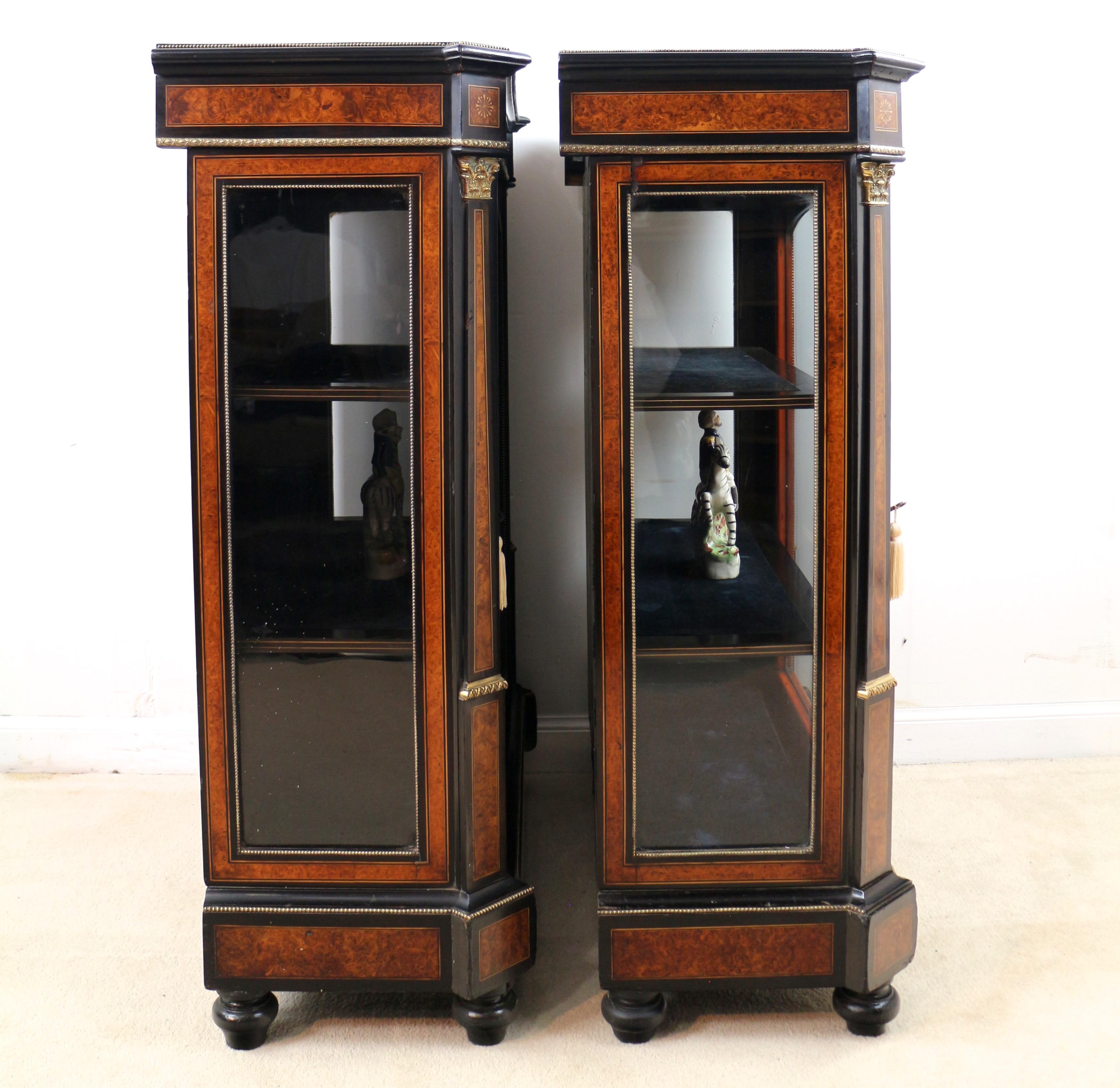 Pair of Victorian Gilt Metal Mounted, Ebonised & Amboyna Pier Display Cabinets 2