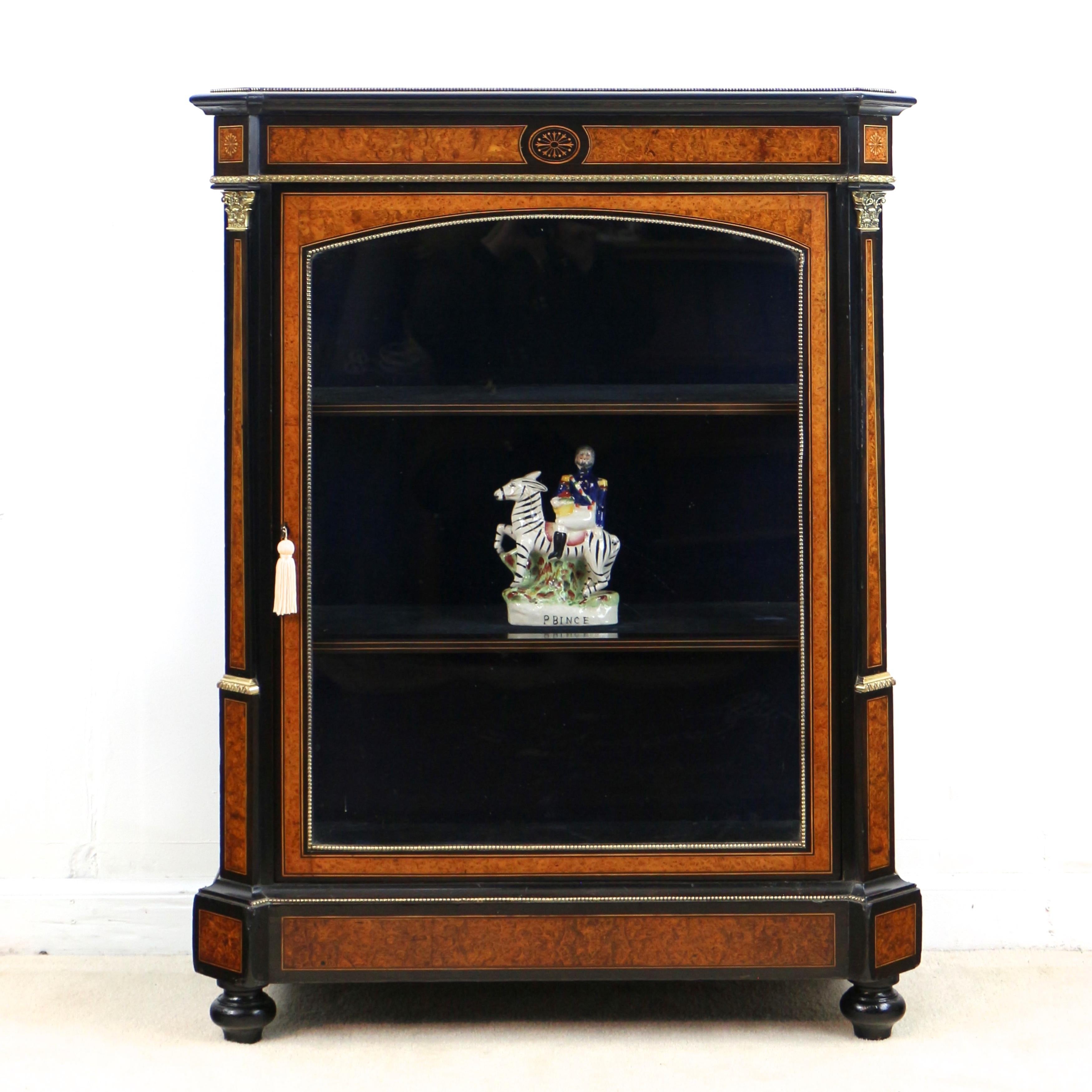 Pair of Victorian Gilt Metal Mounted, Ebonised & Amboyna Pier Display Cabinets 3