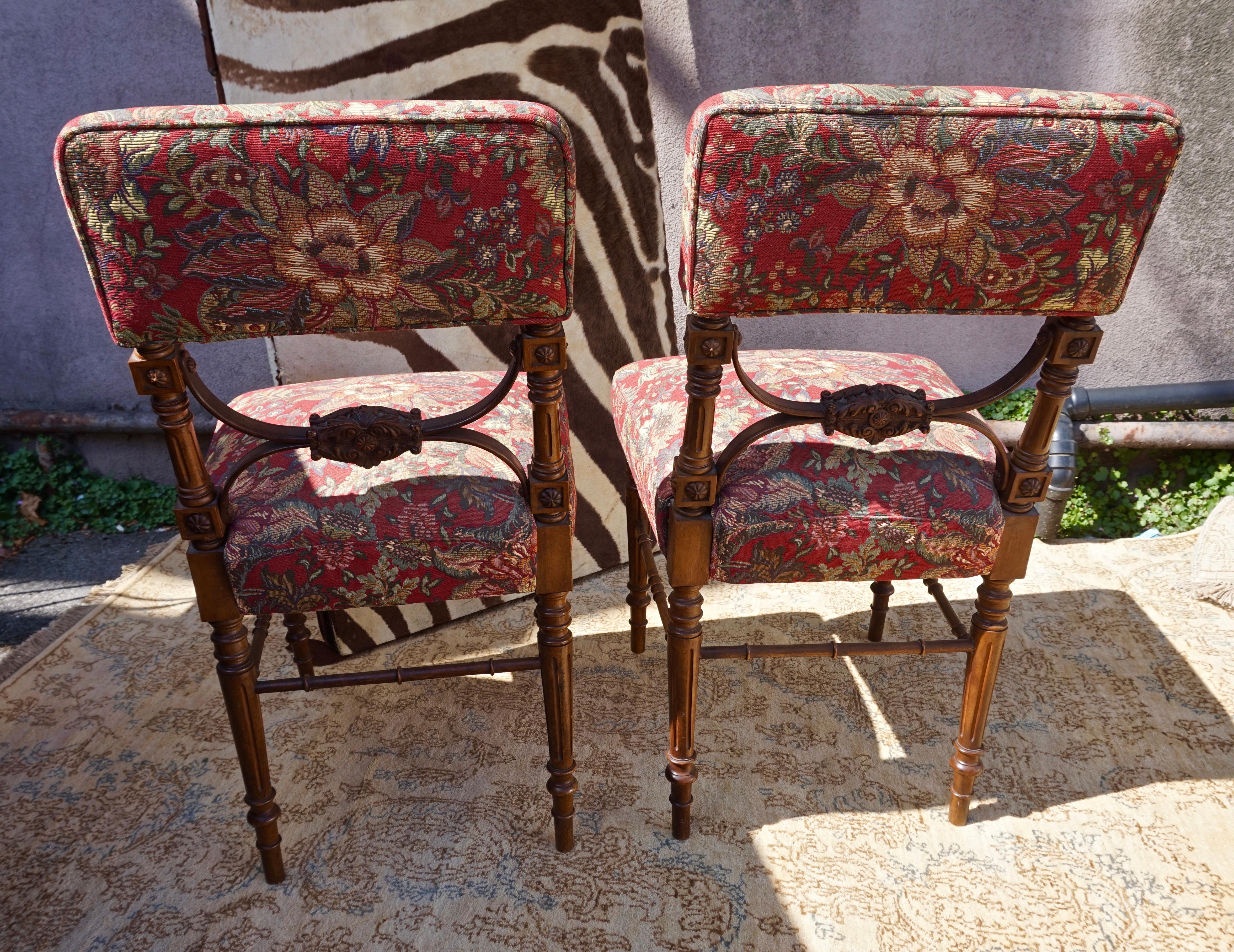 Pair of Victorian Gothic Hand Carved Fine Mahogany Chairs in Floral Fabric 5