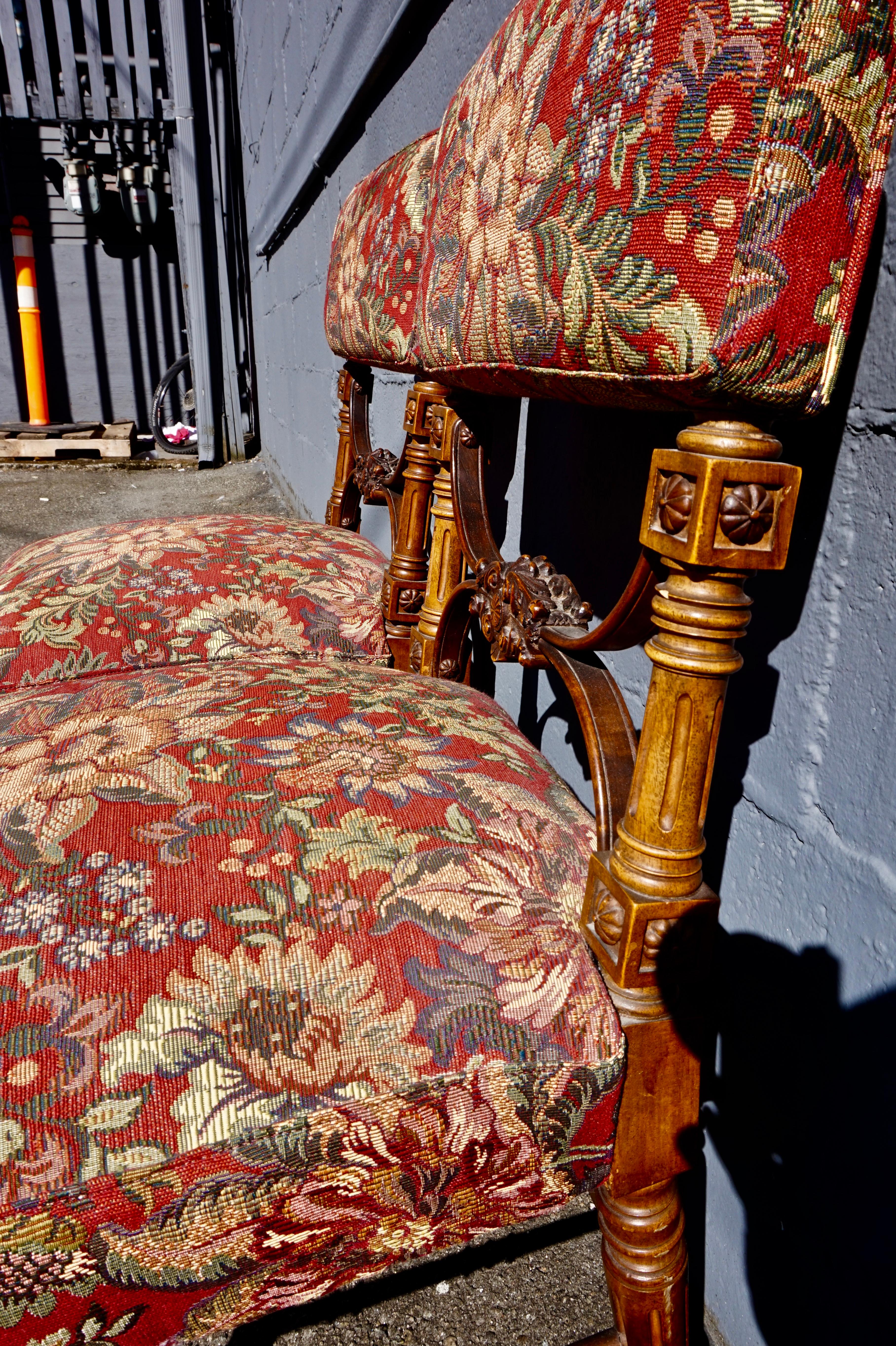 Pair of Victorian Gothic Hand Carved Fine Mahogany Chairs in Floral Fabric 1